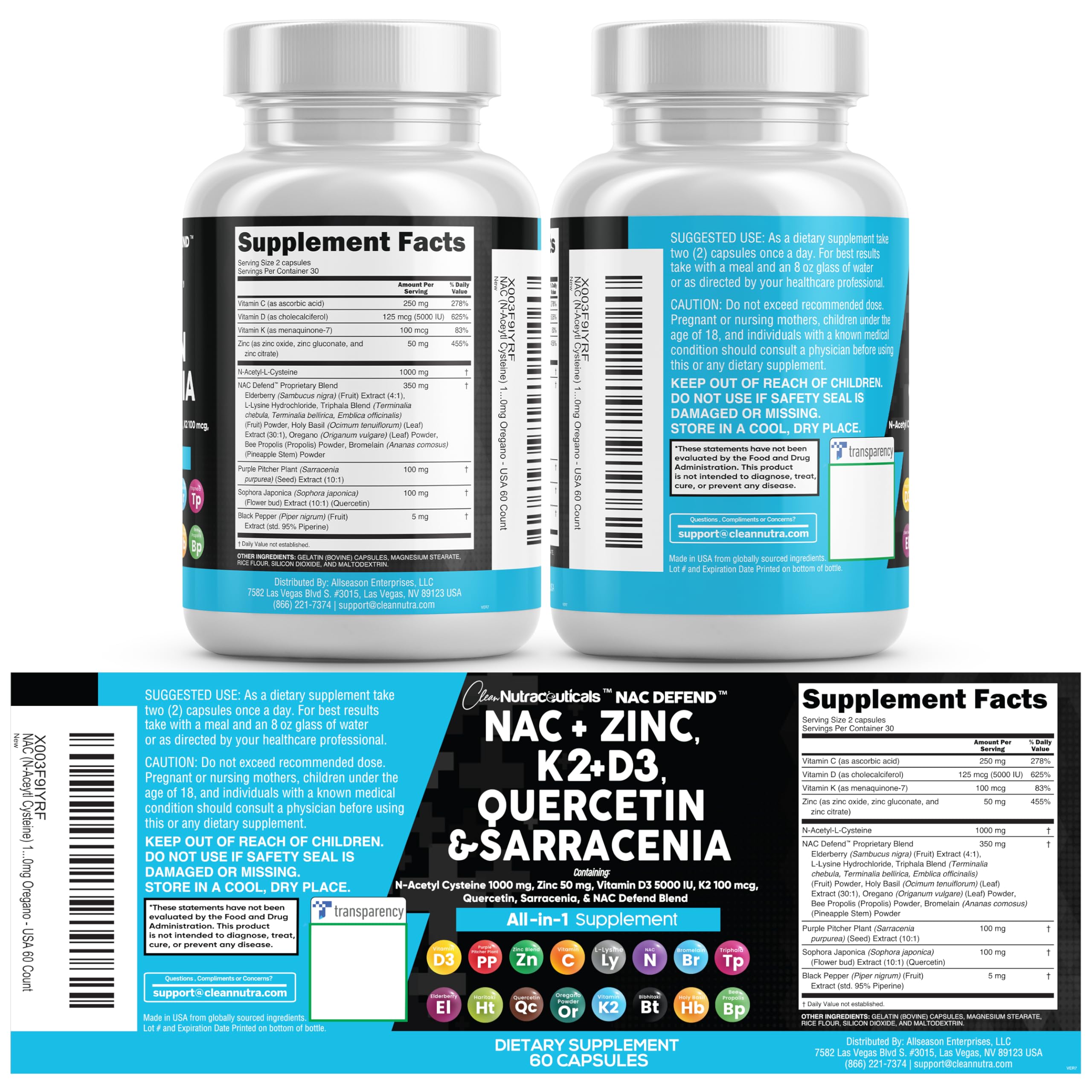 NAC Supplement N-Acetyl Cysteine Vitamin D3 K2 Zinc Quercetin Sarracenia Purpurea Immune Support | Elderberry Holy Basil Bee Propolis Bromelain L-Lysine Capsules Supplements For Women Men Adults