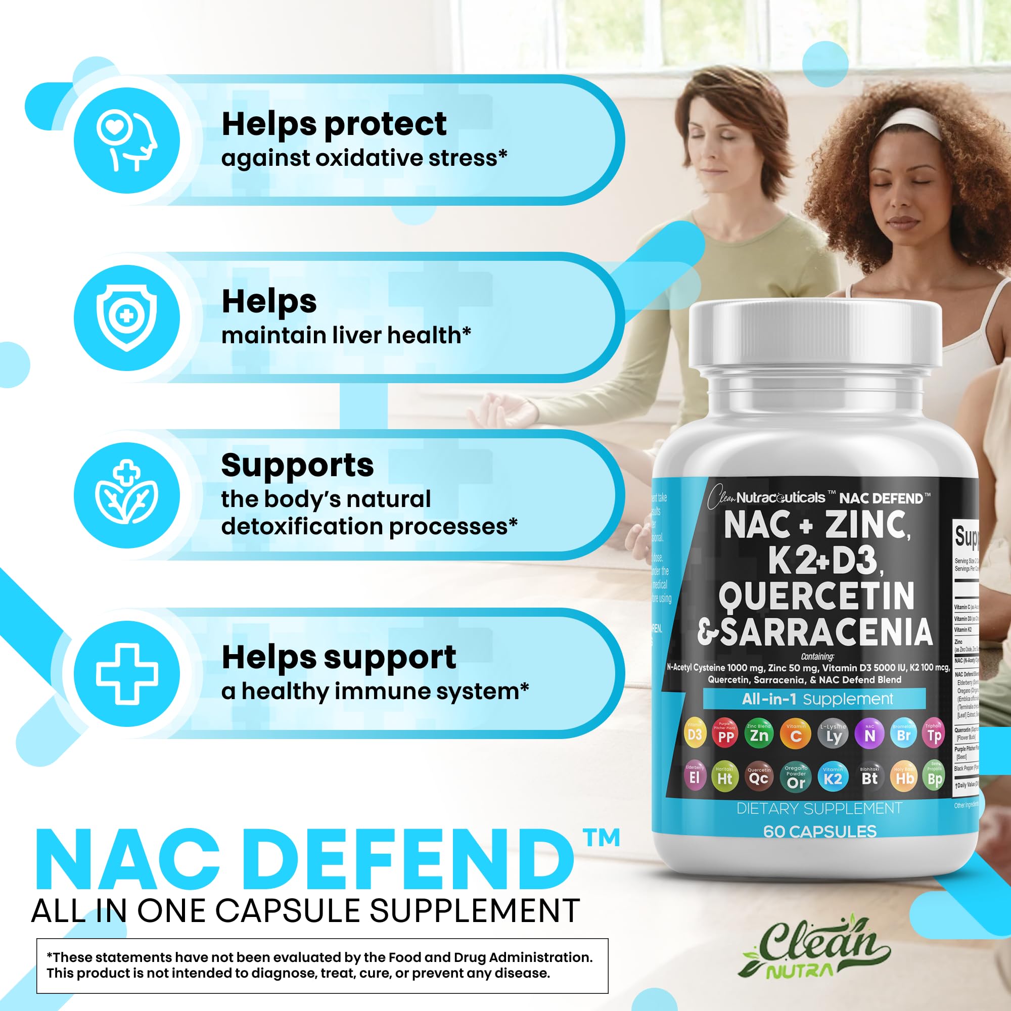 NAC Supplement N-Acetyl Cysteine Vitamin D3 K2 Zinc Quercetin Sarracenia Purpurea Immune Support | Elderberry Holy Basil Bee Propolis Bromelain L-Lysine Capsules Supplements For Women Men Adults