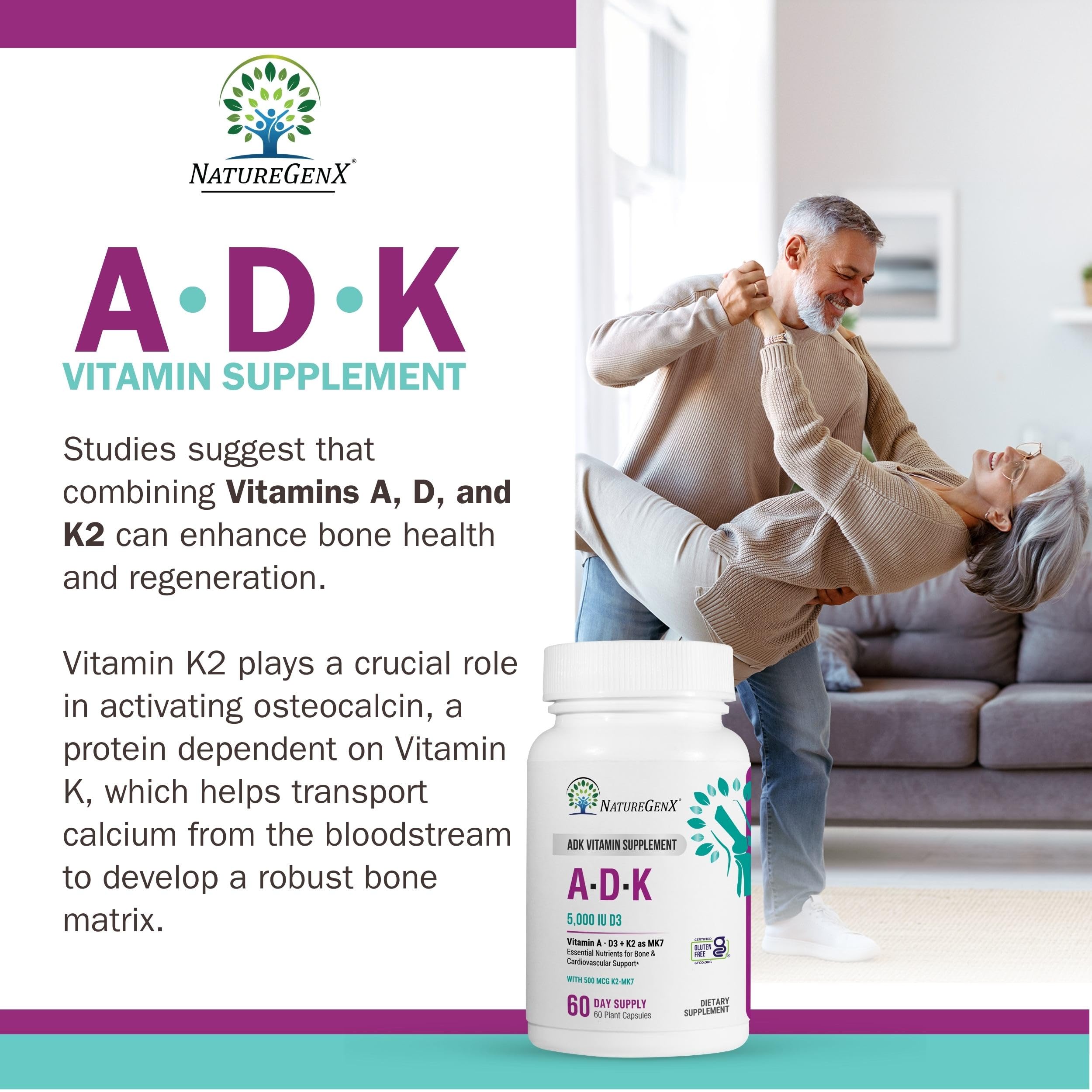 NatureGenX ADK Vitamin Supplement 5000 IU - High Potency Vitamins A, D3, and K2 for Bone Health and Calcium Absorption | Gluten-Free Vitamin ADK Supplement, 60 Day Supply, 60 Capsules
