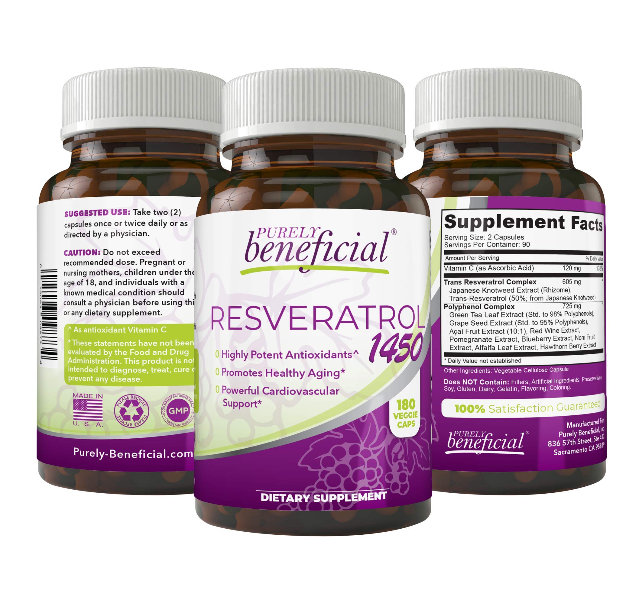 PURELY beneficial RESVERATROL1450-90day Supply, 1450mg per Serving of Potent Antioxidants & Trans-Resveratrol, Promotes Anti-Aging, Cardiovascular Support, Maximum Benefits(1bottle)