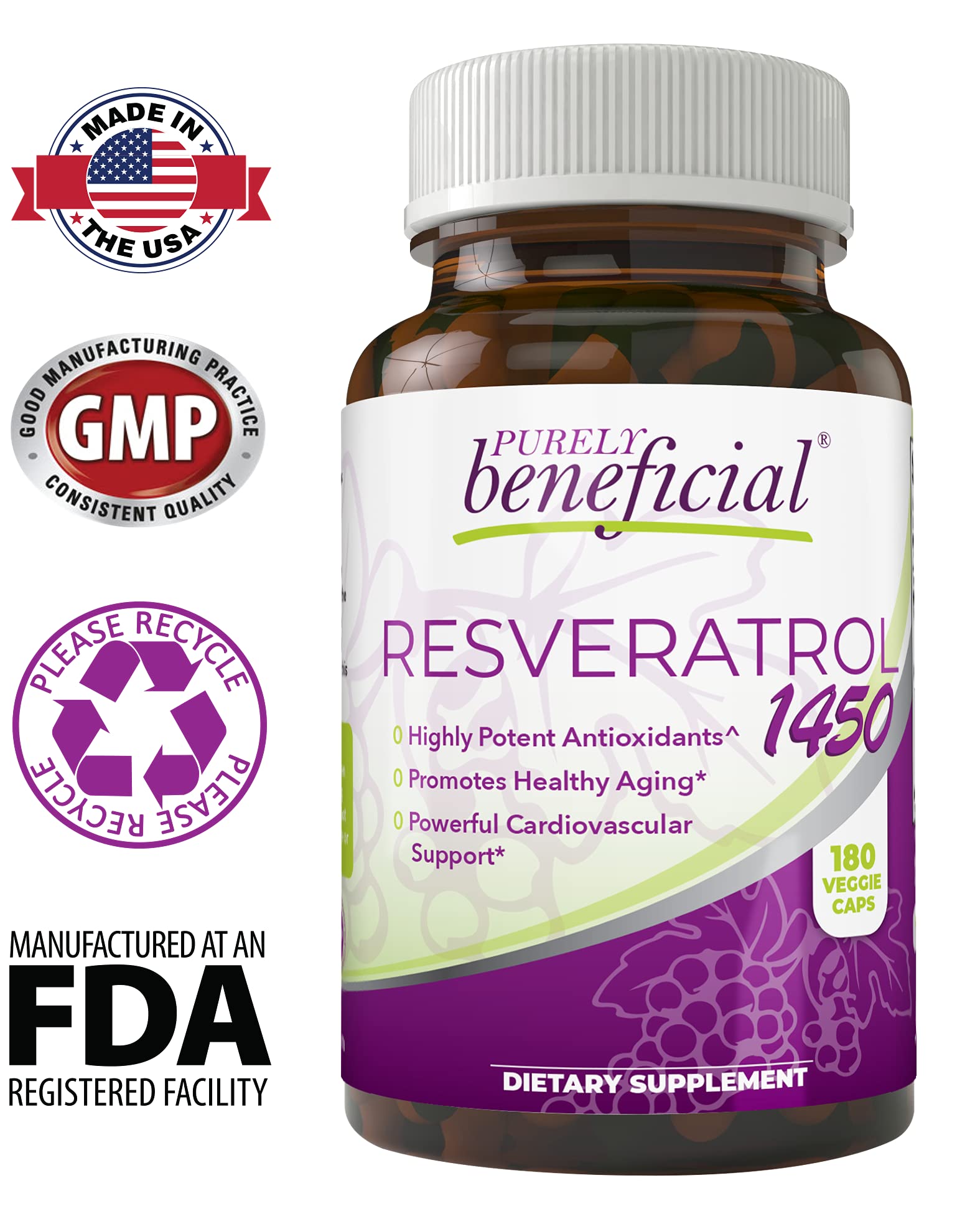 PURELY beneficial RESVERATROL1450-90day Supply, 1450mg per Serving of Potent Antioxidants & Trans-Resveratrol, Promotes Anti-Aging, Cardiovascular Support, Maximum Benefits(1bottle)
