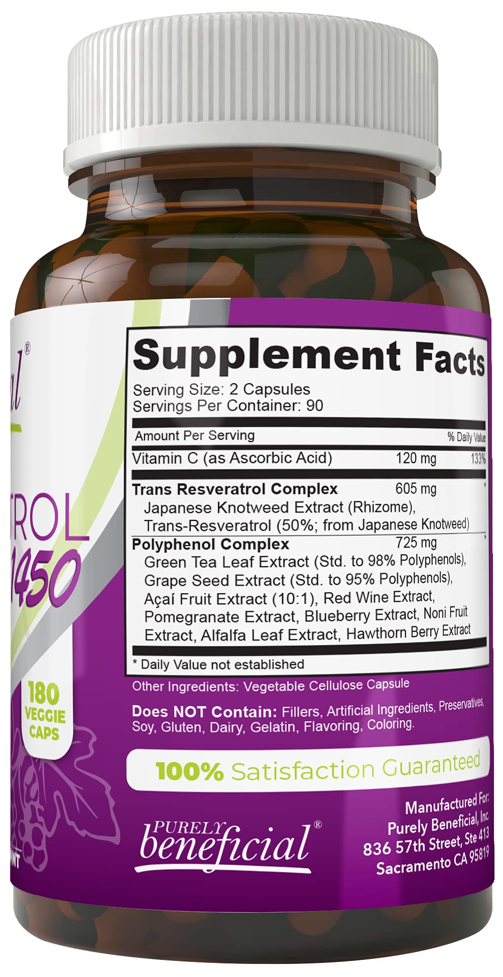 PURELY beneficial RESVERATROL1450-90day Supply, 1450mg per Serving of Potent Antioxidants & Trans-Resveratrol, Promotes Anti-Aging, Cardiovascular Support, Maximum Benefits(1bottle)