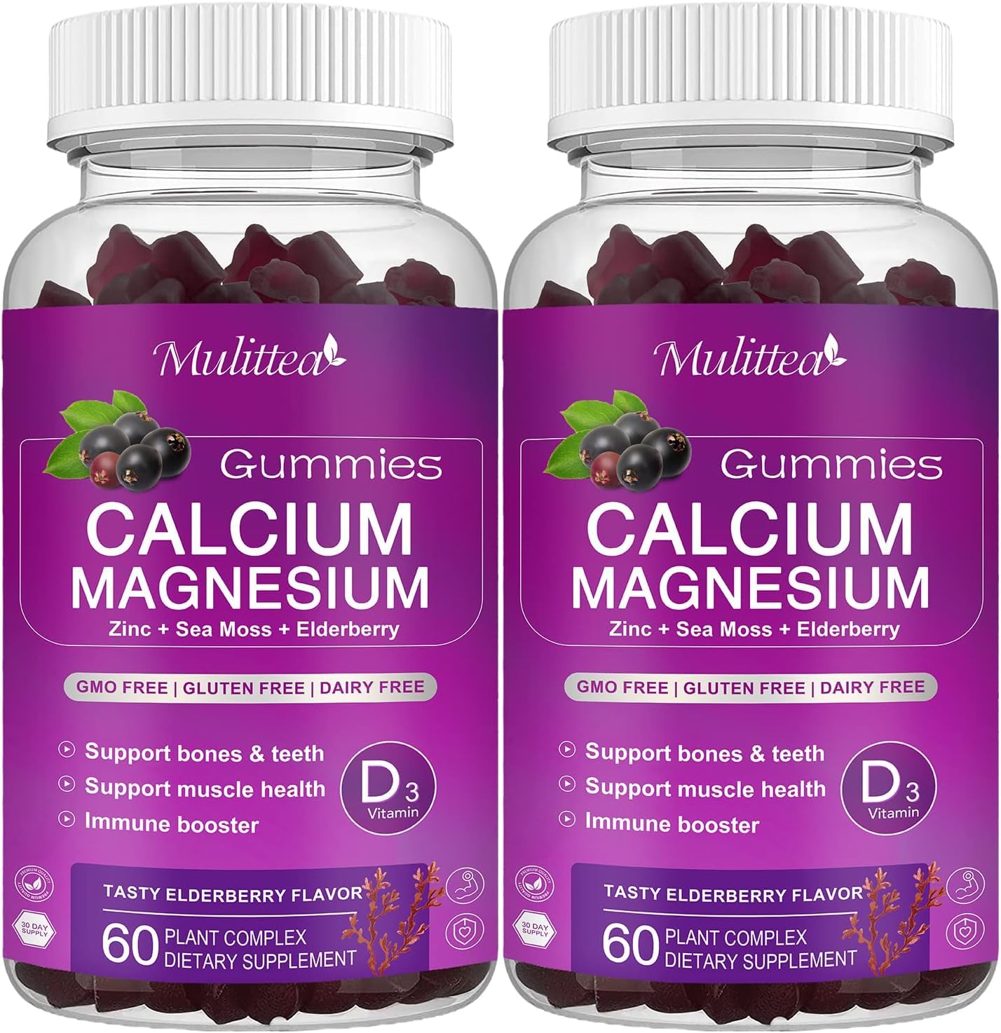 Calcium Magnesium Zinc Gummies with High Absorption Magnesium Glycinate, Potassium -Plant Calcium Supplement w/ D3 & Sea Moss for Bone, Muscles, Calm Mood & Sleep Support- Kids & Adults (2 Pack)