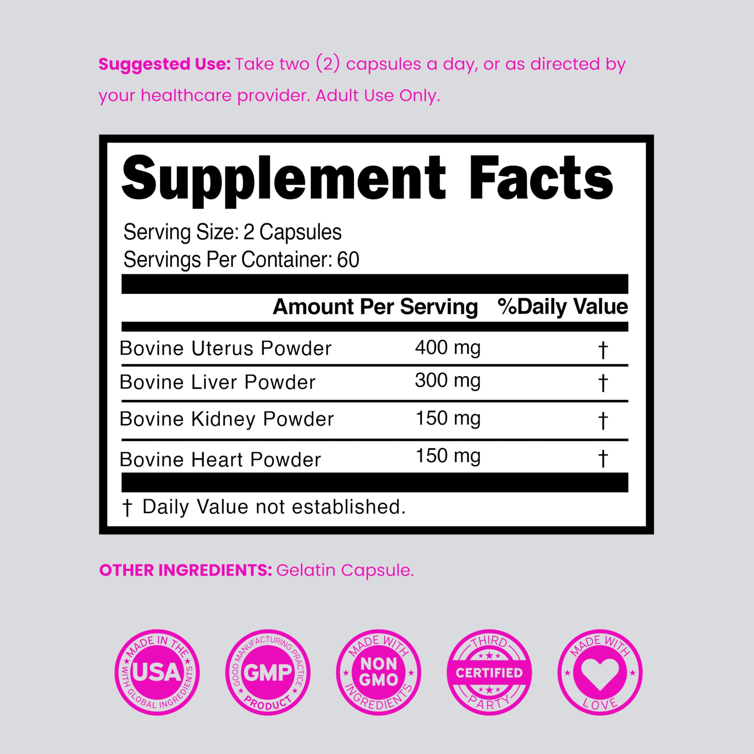 Beef Organ Supplement for Women - Grass Fed Beef Liver, Heart, Kidney & Uterus 1000mg Per Serving - Support Women's Energy & Overall Health - Third Party Tested & Non GMO - USA Made (120 Capsules)