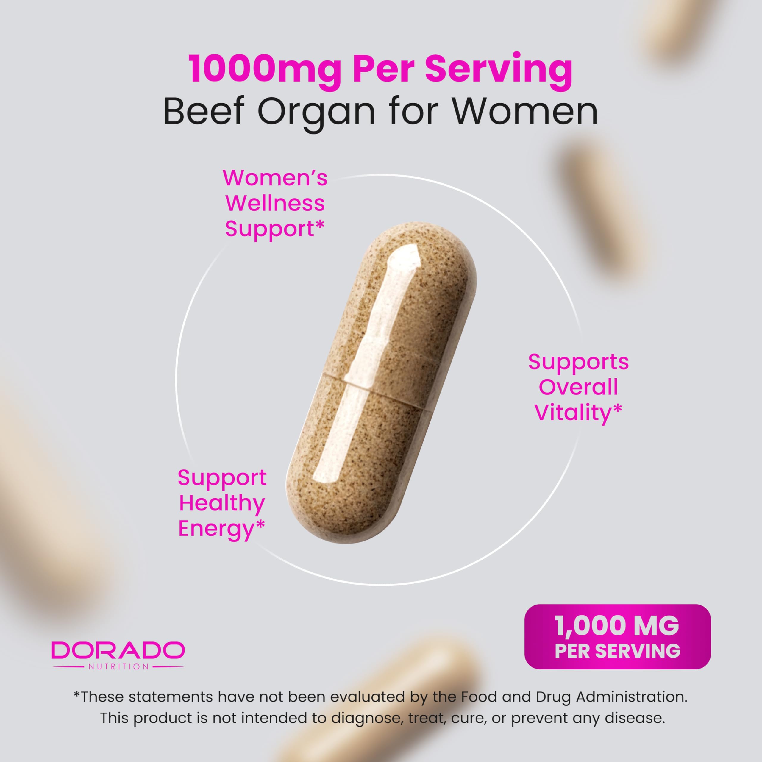 Beef Organ Supplement for Women - Grass Fed Beef Liver, Heart, Kidney & Uterus 1000mg Per Serving - Support Women's Energy & Overall Health - Third Party Tested & Non GMO - USA Made (120 Capsules)