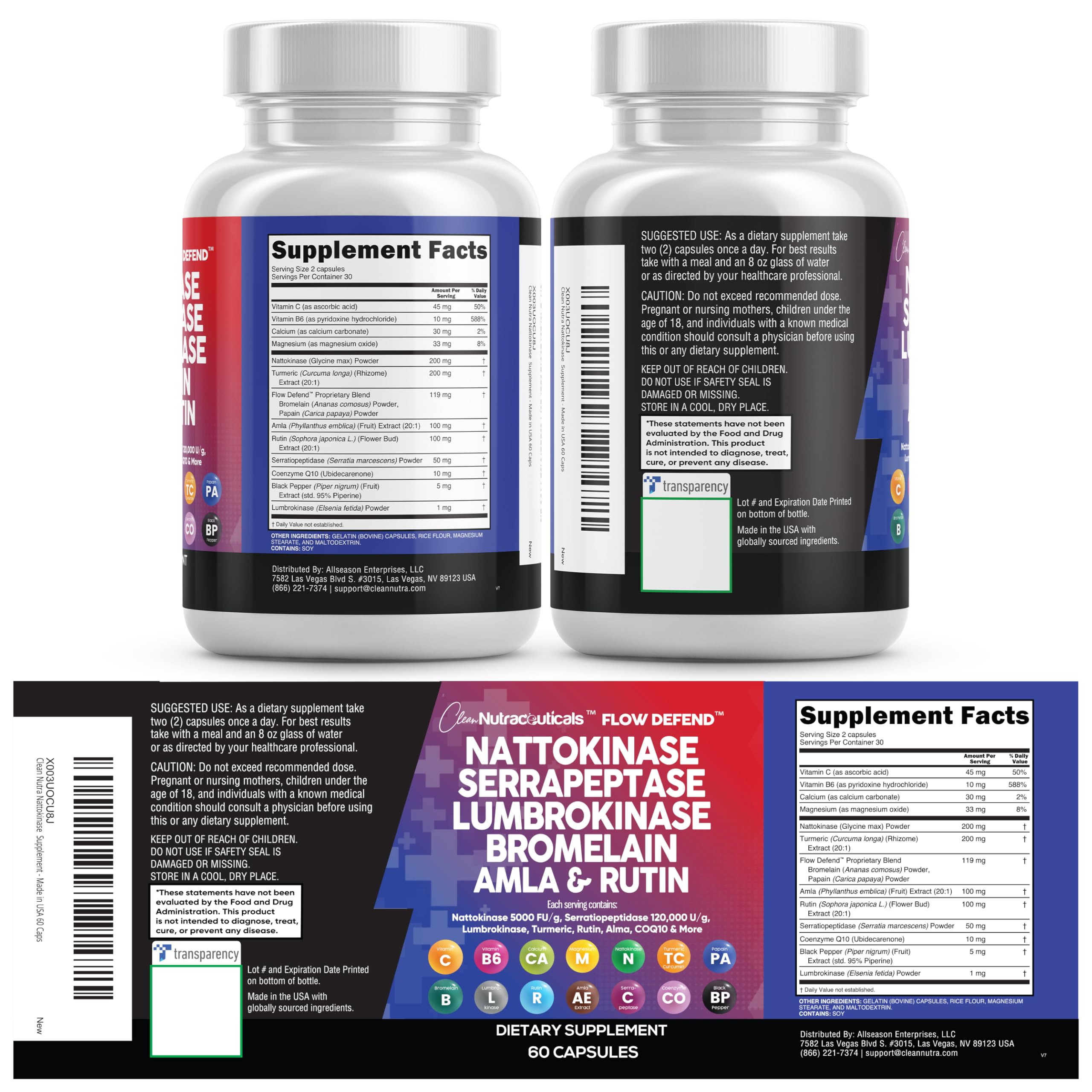 Clean Nutraceuticals Nattokinase 5000 FU Serrapeptase 120000 SPU Lumbrokinase Enzyme Supplement with Bromelain Papain Papaya Enzymes Rutin Extract Amla Magnesium Vitamin B6 & VIT C Capsules