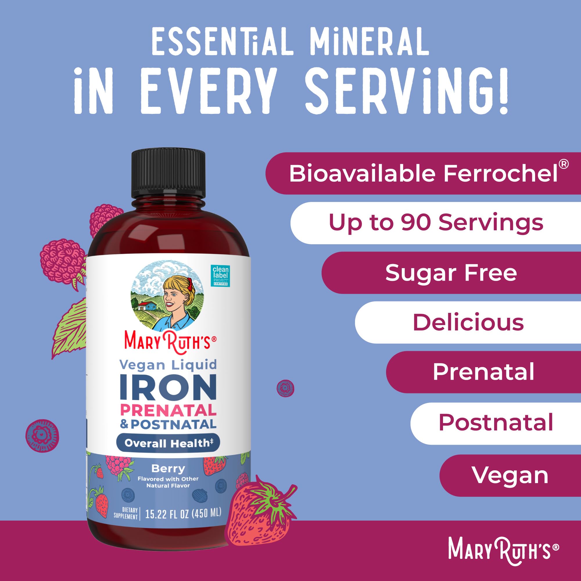 MaryRuth’s Prenatal Postnatal Iron Liquid | Iron Supplement for Prenatal & Postnatal | with Ferrochel | Red Blood Cell Production | Sugar Free | Vegan | Non-GMO | Gluten Free | 15.22 Fl Oz