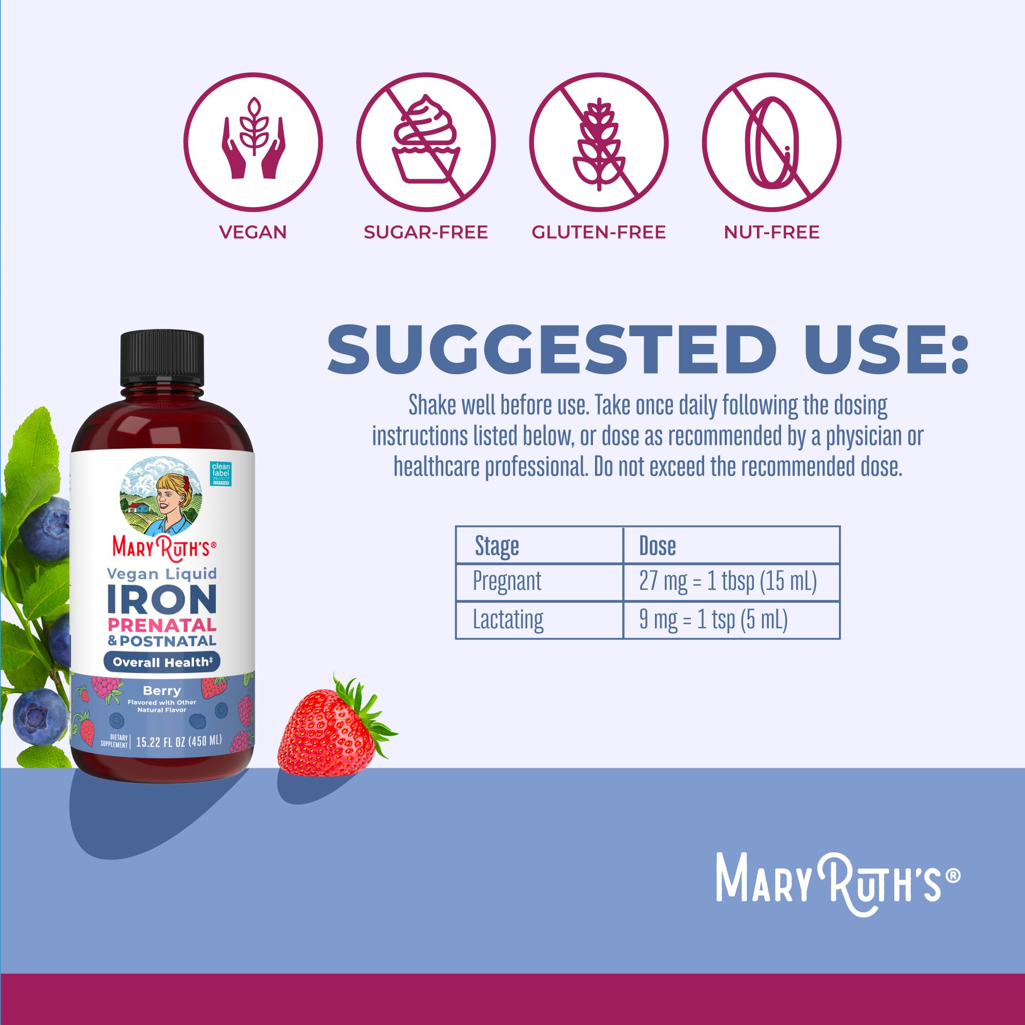 MaryRuth’s Prenatal Postnatal Iron Liquid | Iron Supplement for Prenatal & Postnatal | with Ferrochel | Red Blood Cell Production | Sugar Free | Vegan | Non-GMO | Gluten Free | 15.22 Fl Oz