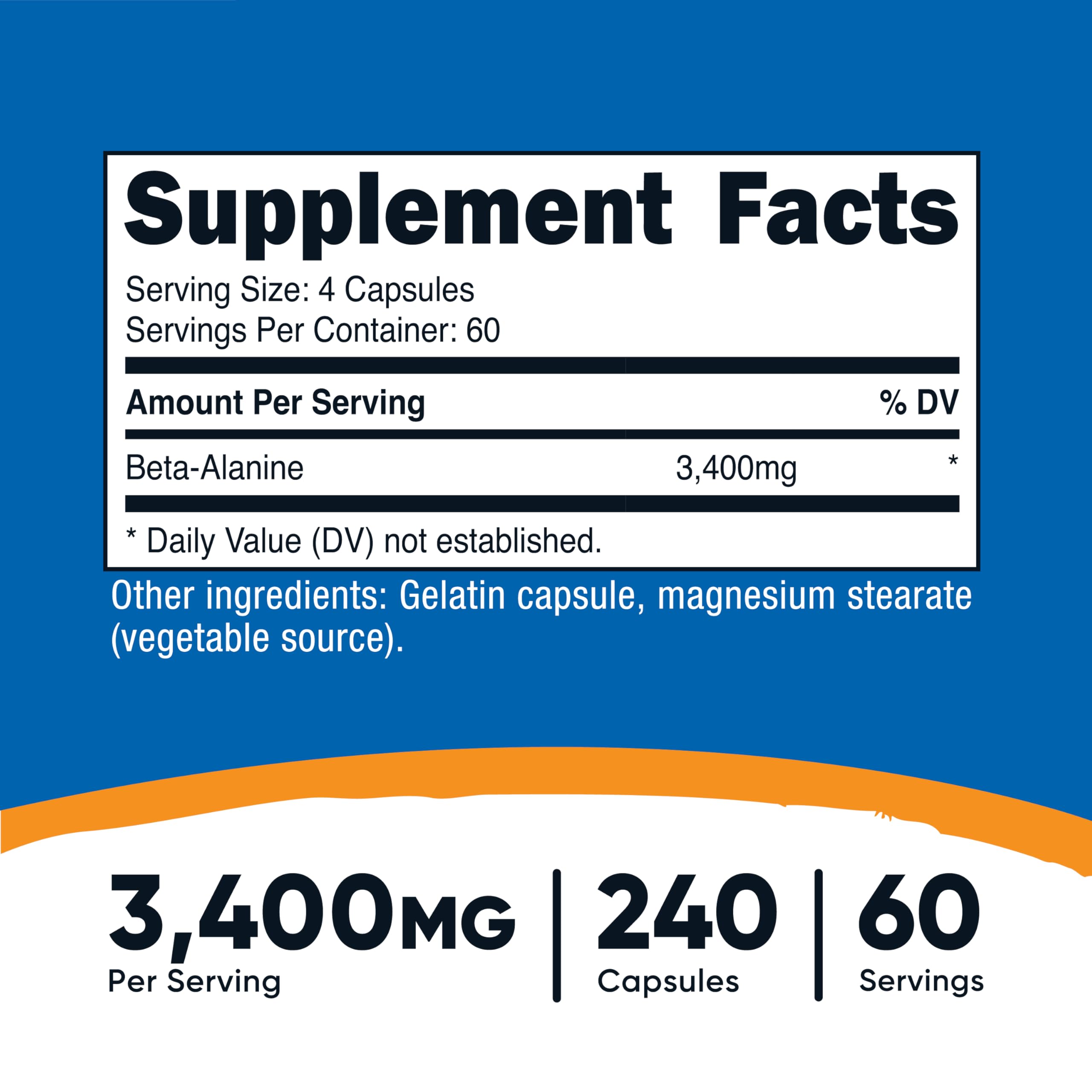 Nutricost Beta-Alanine Capsules 3400mg, 240 Capsules (60 Serv) - Potent Beta Alanine, Gluten Free & Non-GMO, 850mg Per Cap