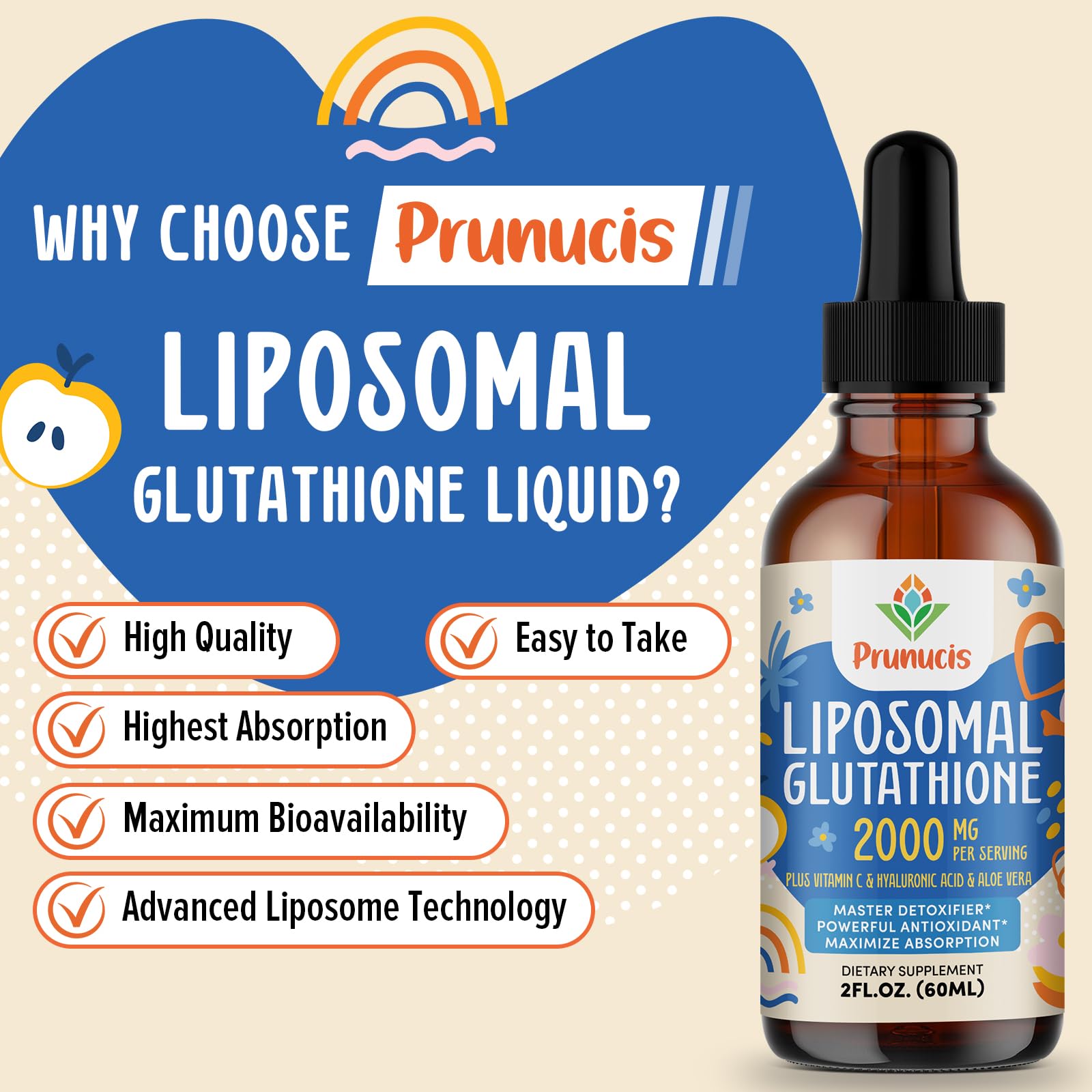 Prunucis 2000MG Liposomal Glutathione Liquid, 98% Absorption, Active Form L-Glutathione Supplement, Vegan Friendly, Powerful Antioxidant Complex for Immune System, Aging Defense, Detox, 2 FL.OZ