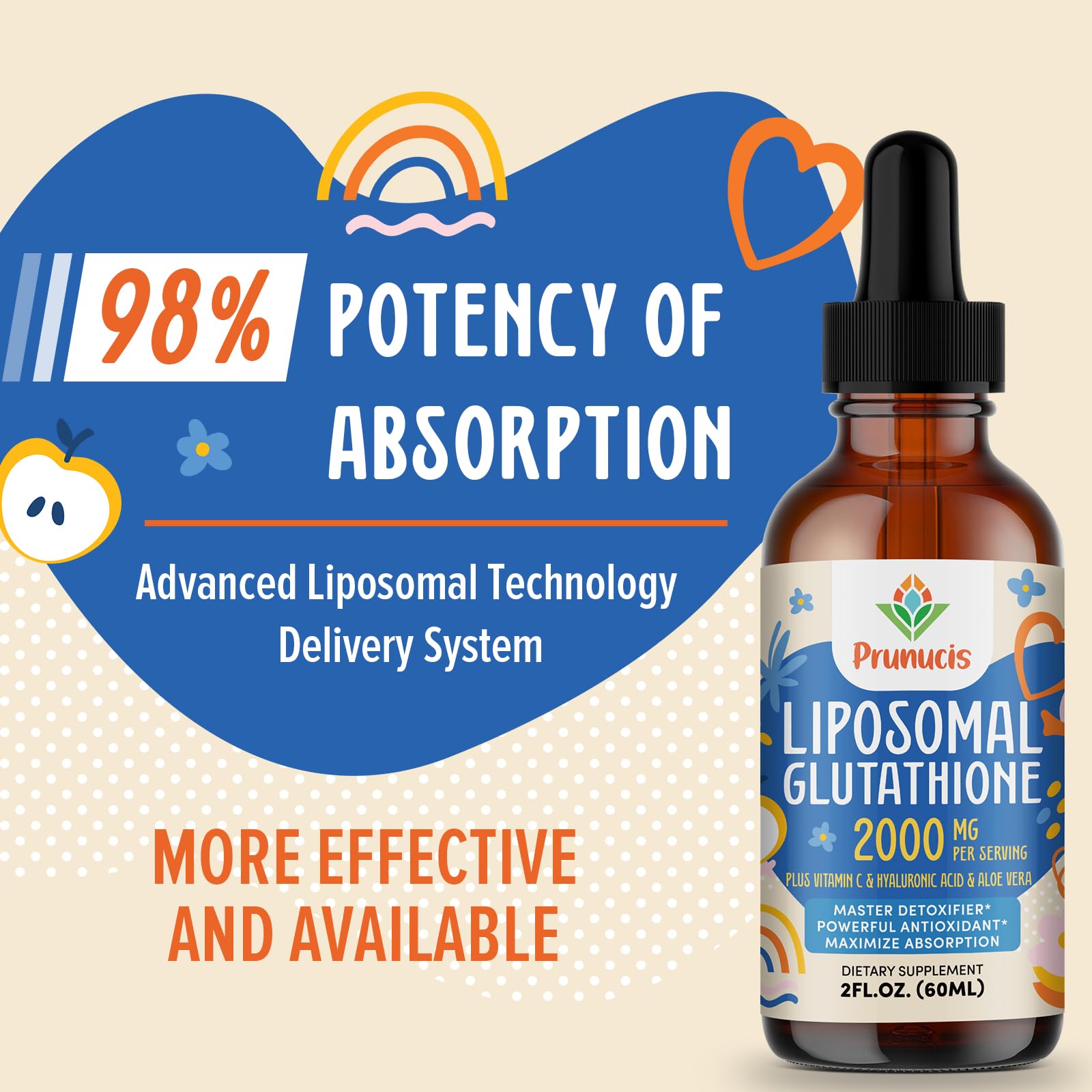 Prunucis 2000MG Liposomal Glutathione Liquid, 98% Absorption, Active Form L-Glutathione Supplement, Vegan Friendly, Powerful Antioxidant Complex for Immune System, Aging Defense, Detox, 2 FL.OZ