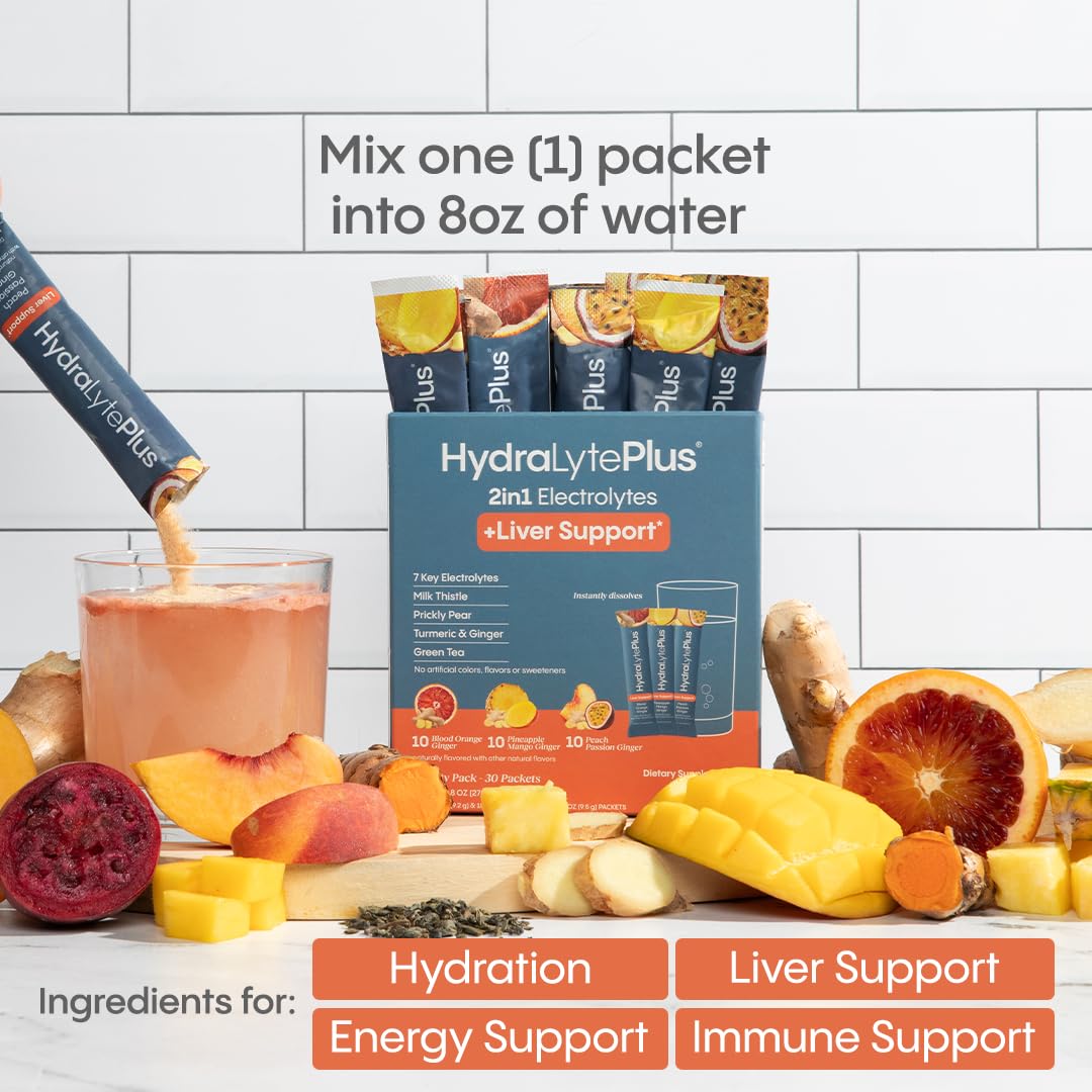 Hydralyte Liver Support + Electrolyte Mix with Milk Thistle, Turmeric, Ginger, Prickly Pear, Green Tea Extract Formulated for Rapid Rehydration (Pineapple Mango Ginger, 20 Packets)