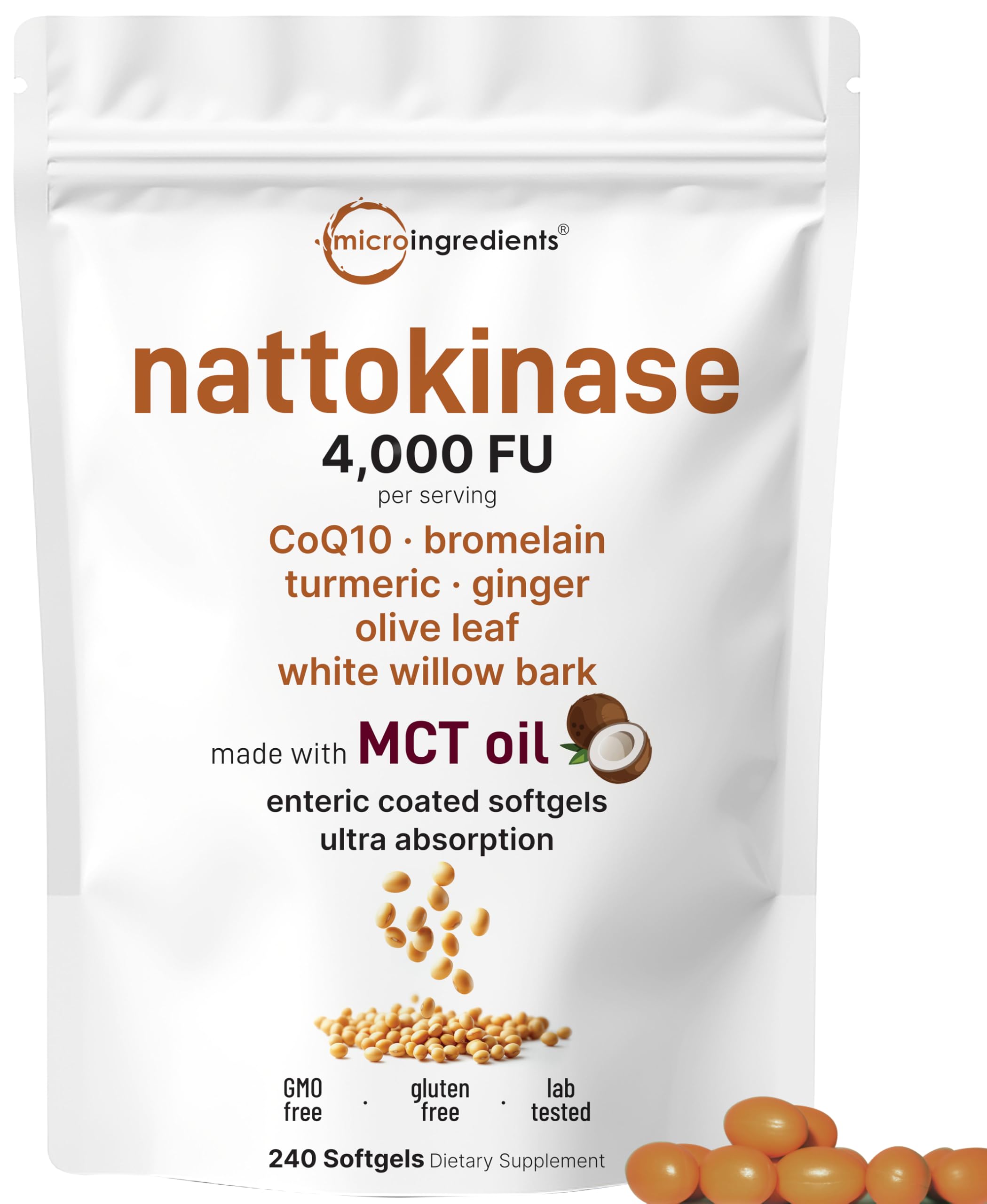 Micro Ingredients Nattokinase 4,000 FU Equivalent, 240 Softgels | 7-in-1 Ultra Absorption Cardiovascular Supplement with CoQ10, Bromelain, Turmeric, Ginger, Olive Leaf, & White Willow Bark
