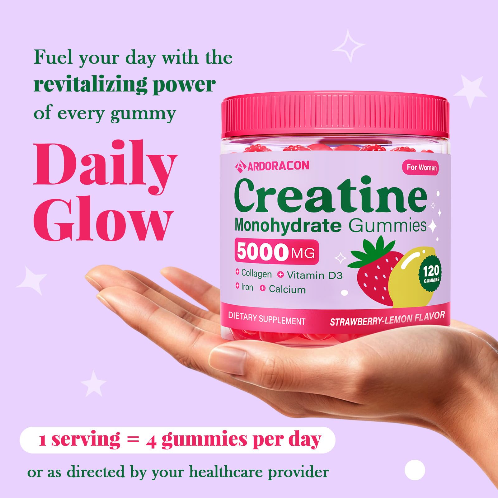 Creatine for Women, Creatine Monohydrate Gummies with Collagen, Vitamin D3 & Calcium for Muscles, Booty & Energy, Flavored Sugar Free Creatine Gummies Post & Pre Workout Supplements for Women, 120 Ct