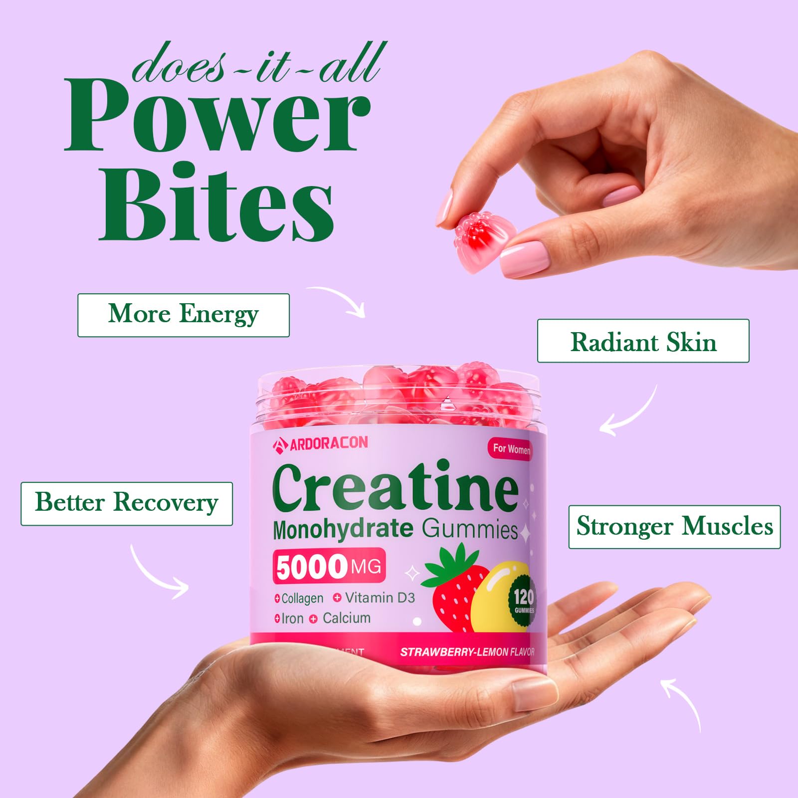 Creatine for Women, Creatine Monohydrate Gummies with Collagen, Vitamin D3 & Calcium for Muscles, Booty & Energy, Flavored Sugar Free Creatine Gummies Post & Pre Workout Supplements for Women, 120 Ct