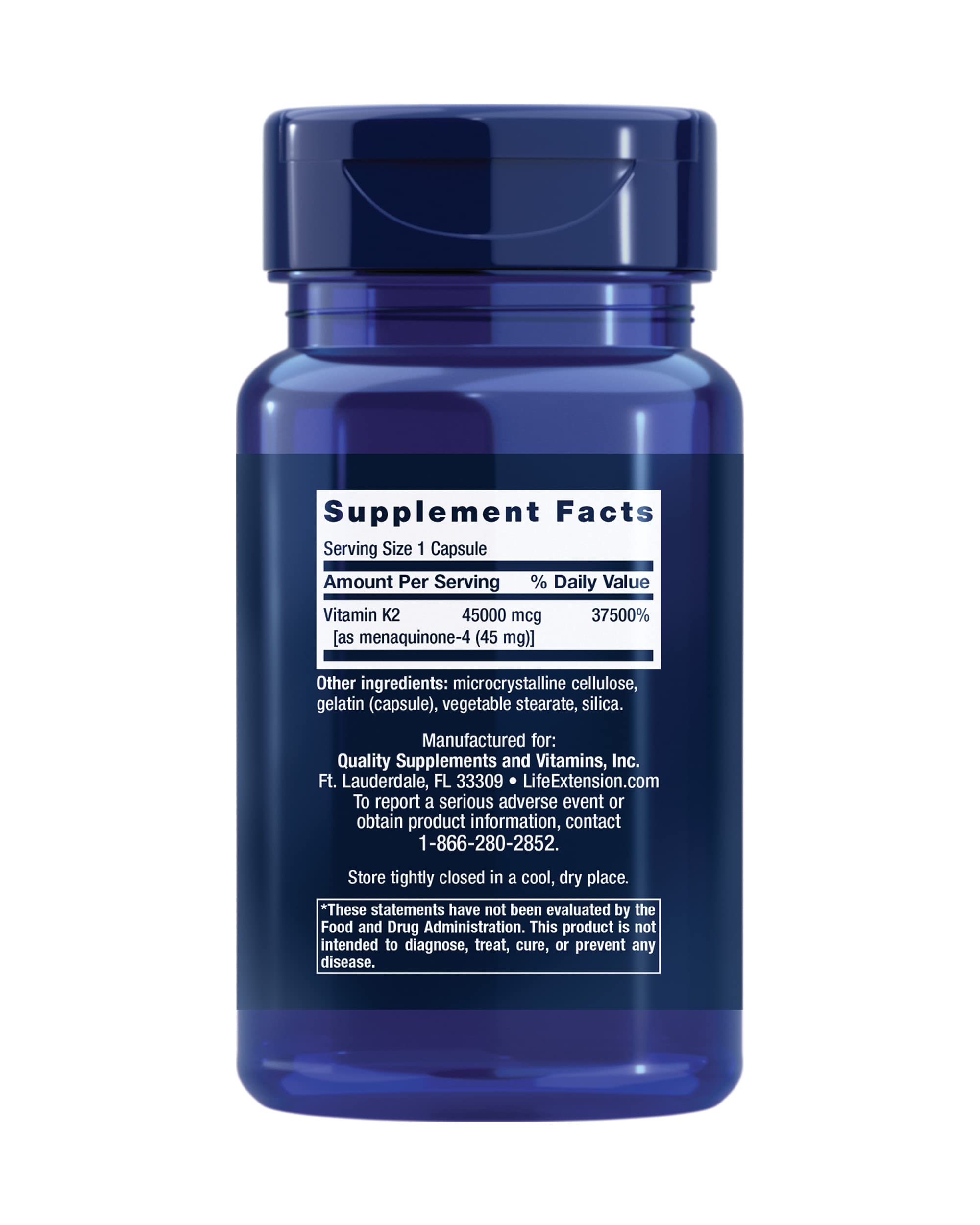 Life Extension Mega Vitamin K2 High Potency for Strong Bones, clinically studied 45 mg K2 dosage, promotes healthy bone density, gluten-free, non-GMO, 30 capsules