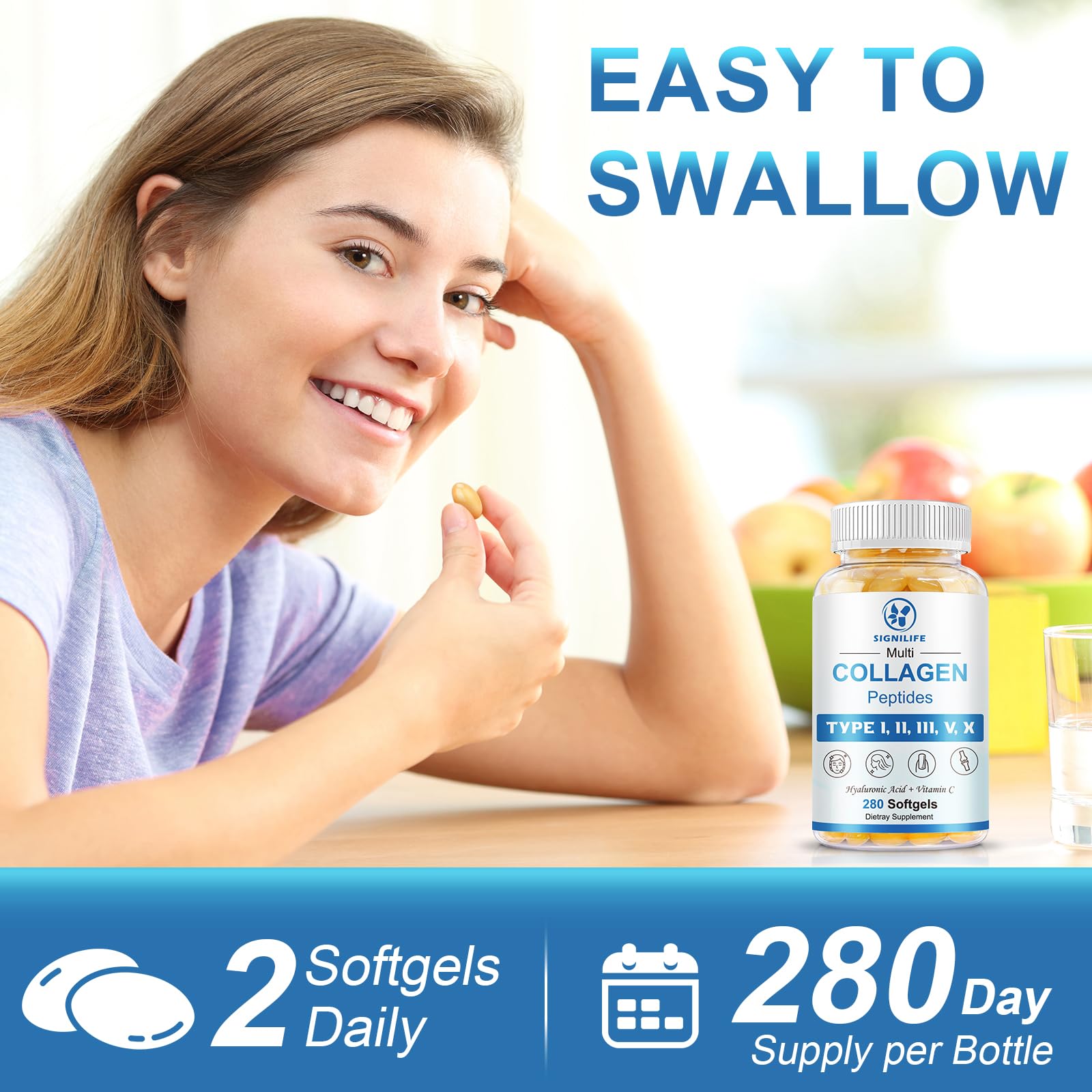 SIGNILIFE Multi Collagen Peptides for Women & Men, Hydrolyzed Collagen Peptides-Type I, II, III, V, X - with Hyaluronic Acid,Vitamin C,Biotin,Supports Skin Hair Nail, Non-GMO,560 Softgels