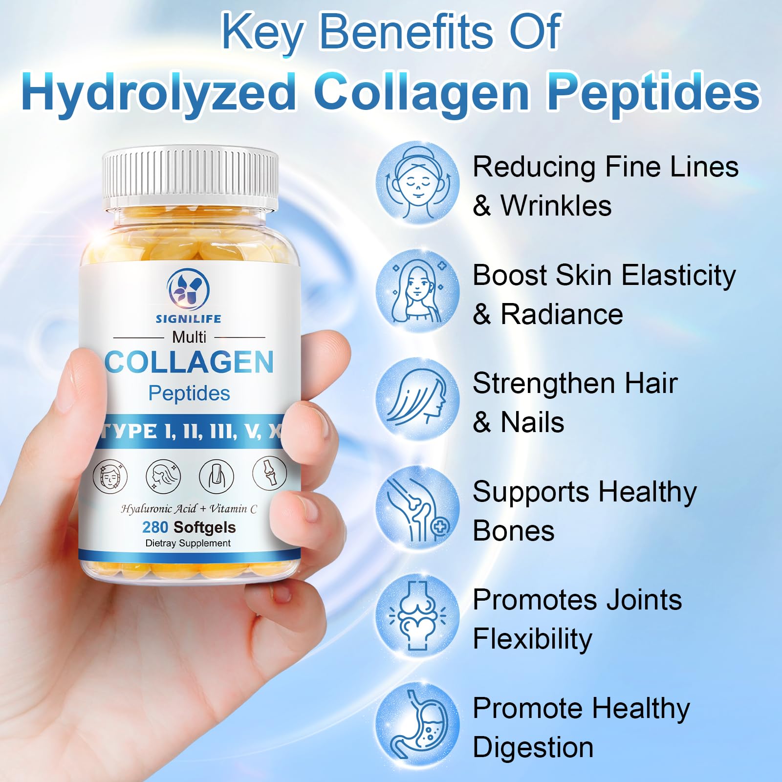 SIGNILIFE Multi Collagen Peptides for Women & Men, Hydrolyzed Collagen Peptides-Type I, II, III, V, X - with Hyaluronic Acid,Vitamin C,Biotin,Supports Skin Hair Nail, Non-GMO,560 Softgels
