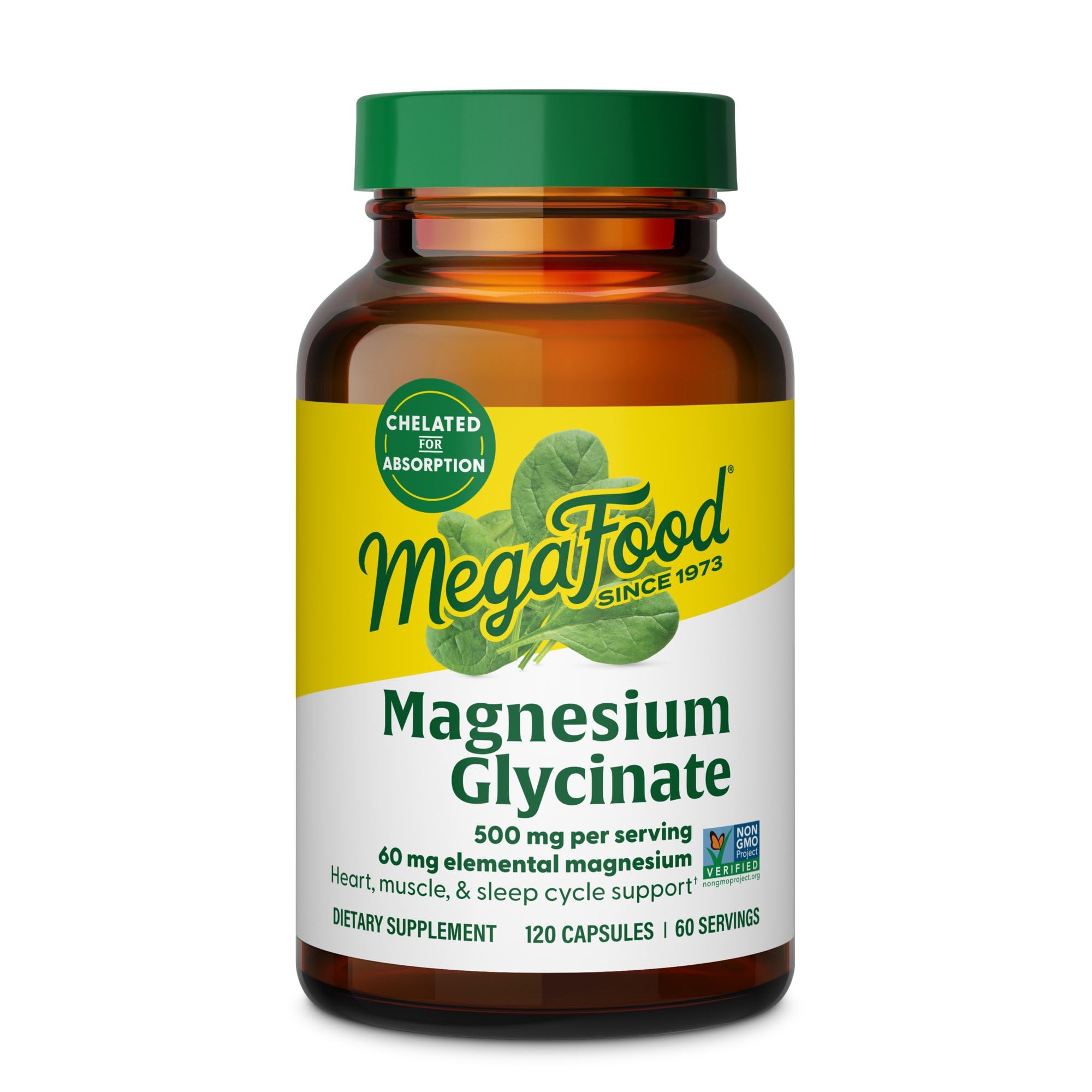 MegaFood Magnesium Glycinate 500mg - Chelated Magnesium Supplement - 60mg Elemental Magnesium - Gentle on the Stomach - Supports Normal Sleep Cycle & Healthy Stress Response - 120 Capsules 60 Servings