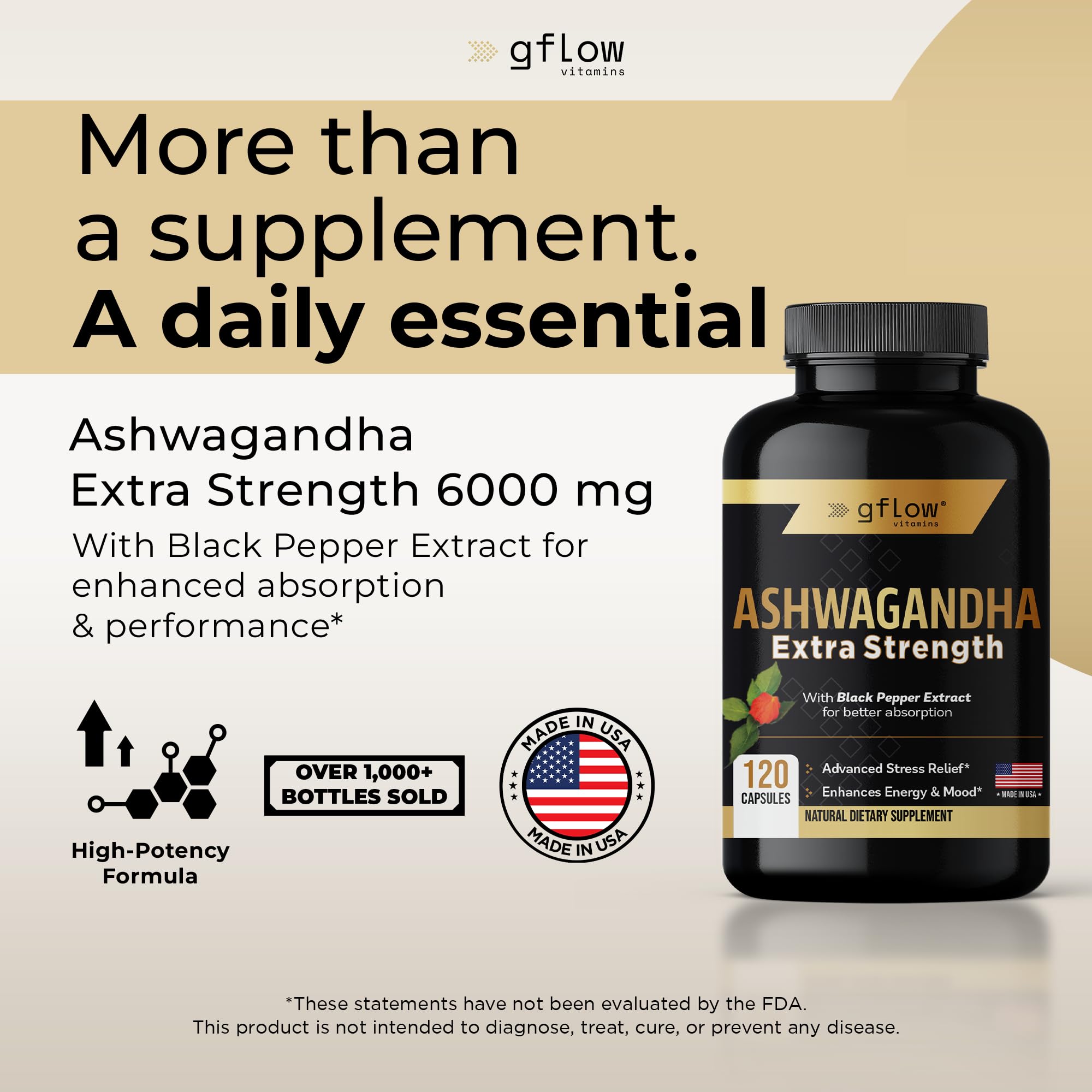 gflow vitamins Ashwagandha Supplements for Women and Men | Sleep, Mood and Energy Support | Extra Strength, Vegan Friendly, Non-GMO, Made in USA