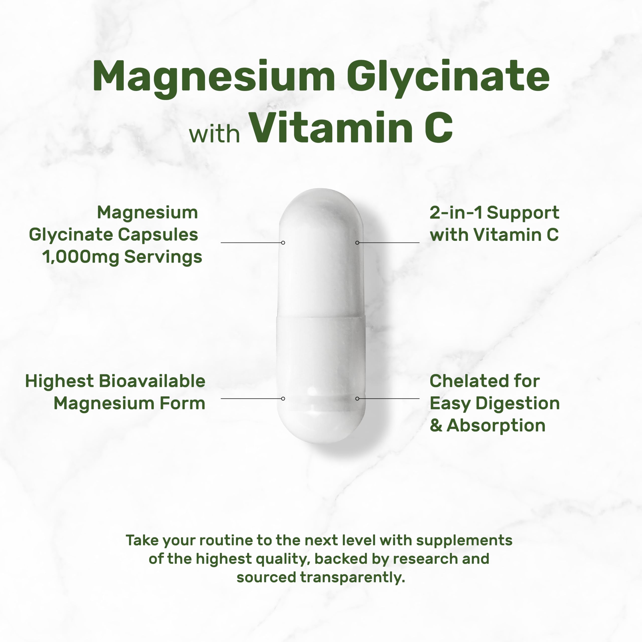 Magnesium Glycinate 500mg Per Capsule (1000mg Per Serving) Plus Vitamin C, 240 Capsules – 100% Chelated for Easy Absorption – Essential Mineral Supplement