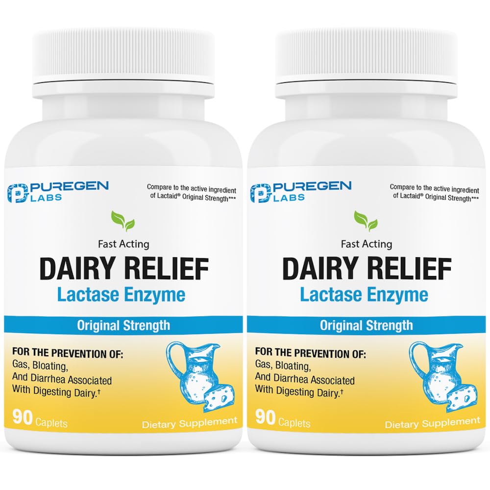 Puregen Labs Dairy Relief Natural Fast Acting Lactase Enzyme 3000 FCC, Lactose Intolerance Pills | 2 Pack - 180 Caplets Total