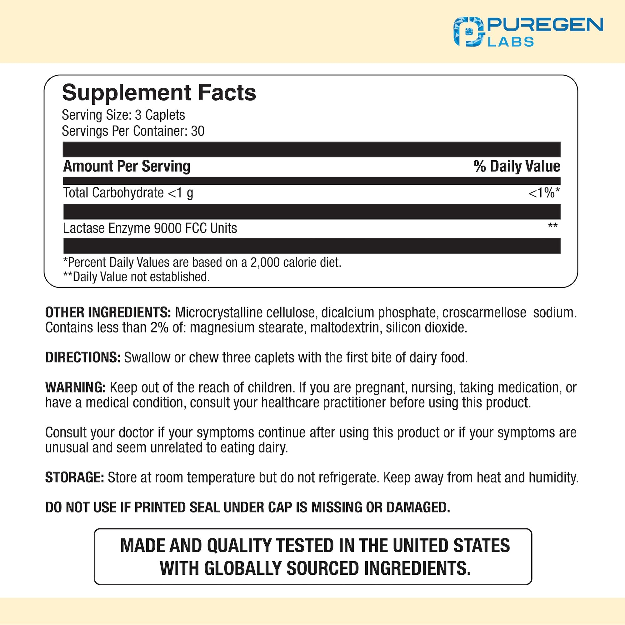 Puregen Labs Dairy Relief Natural Fast Acting Lactase Enzyme 3000 FCC, Lactose Intolerance Pills | 2 Pack - 180 Caplets Total