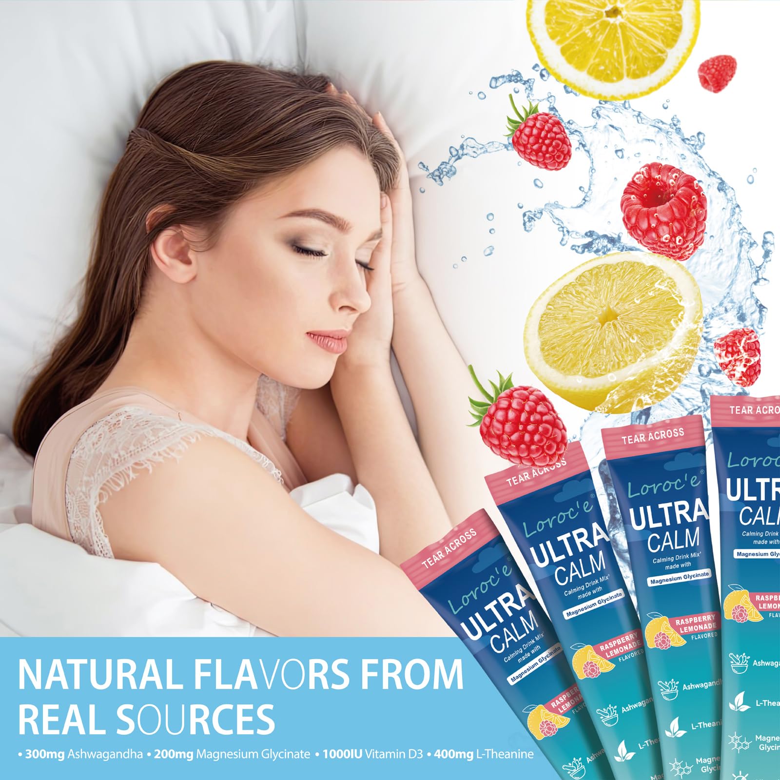 UltraCalm Super Cortisol Drink with Magnesium Glycinate, Ashwagandha, L-Theanine, Vitamin D3, Magnesium Powder for Sleep & Stress Relief, Raspberry Lemonade (30 Servings)