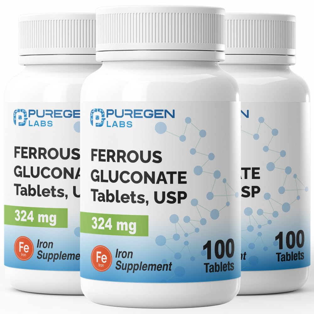 Puregen Labs Ferrous Gluconate 324 mg [High Potency] Iron Supplement, Gentle on Stomach | 3 Pack - 300 Tablets Total