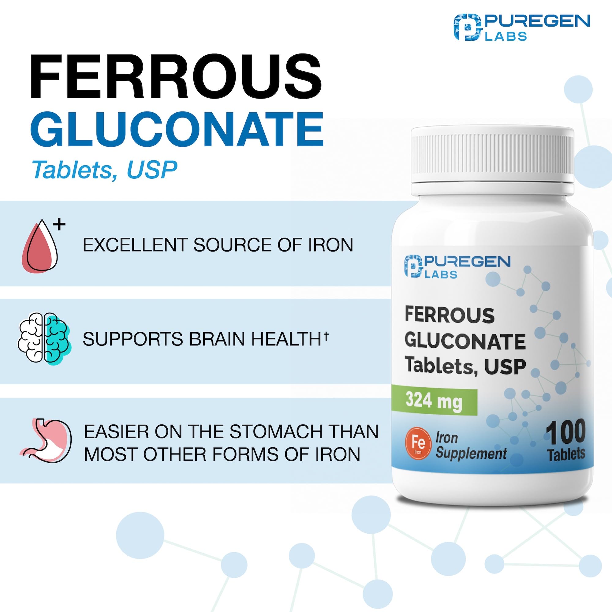 Puregen Labs Ferrous Gluconate 324 mg [High Potency] Iron Supplement, Gentle on Stomach | 3 Pack - 300 Tablets Total