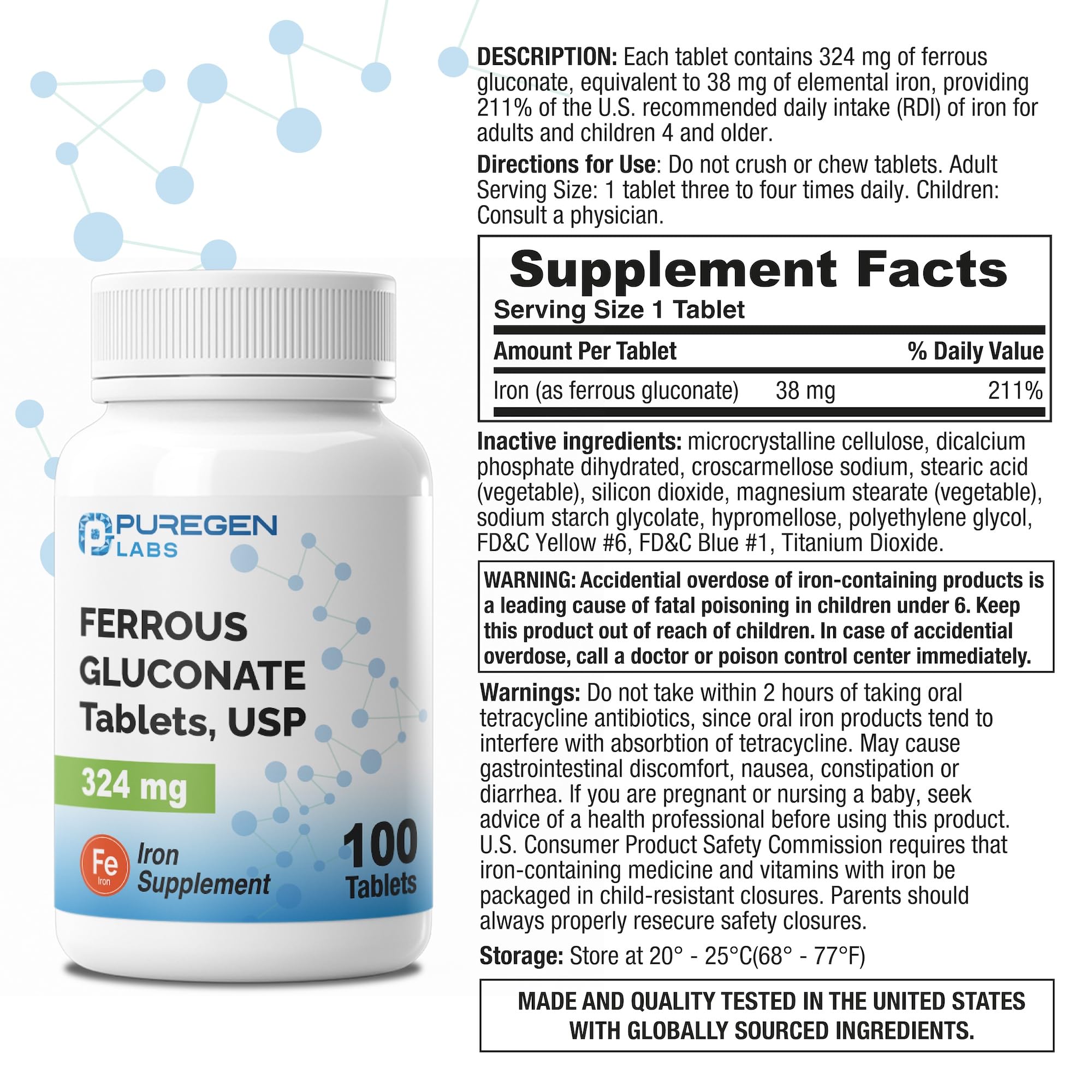 Puregen Labs Ferrous Gluconate 324 mg [High Potency] Iron Supplement, Gentle on Stomach | 3 Pack - 300 Tablets Total