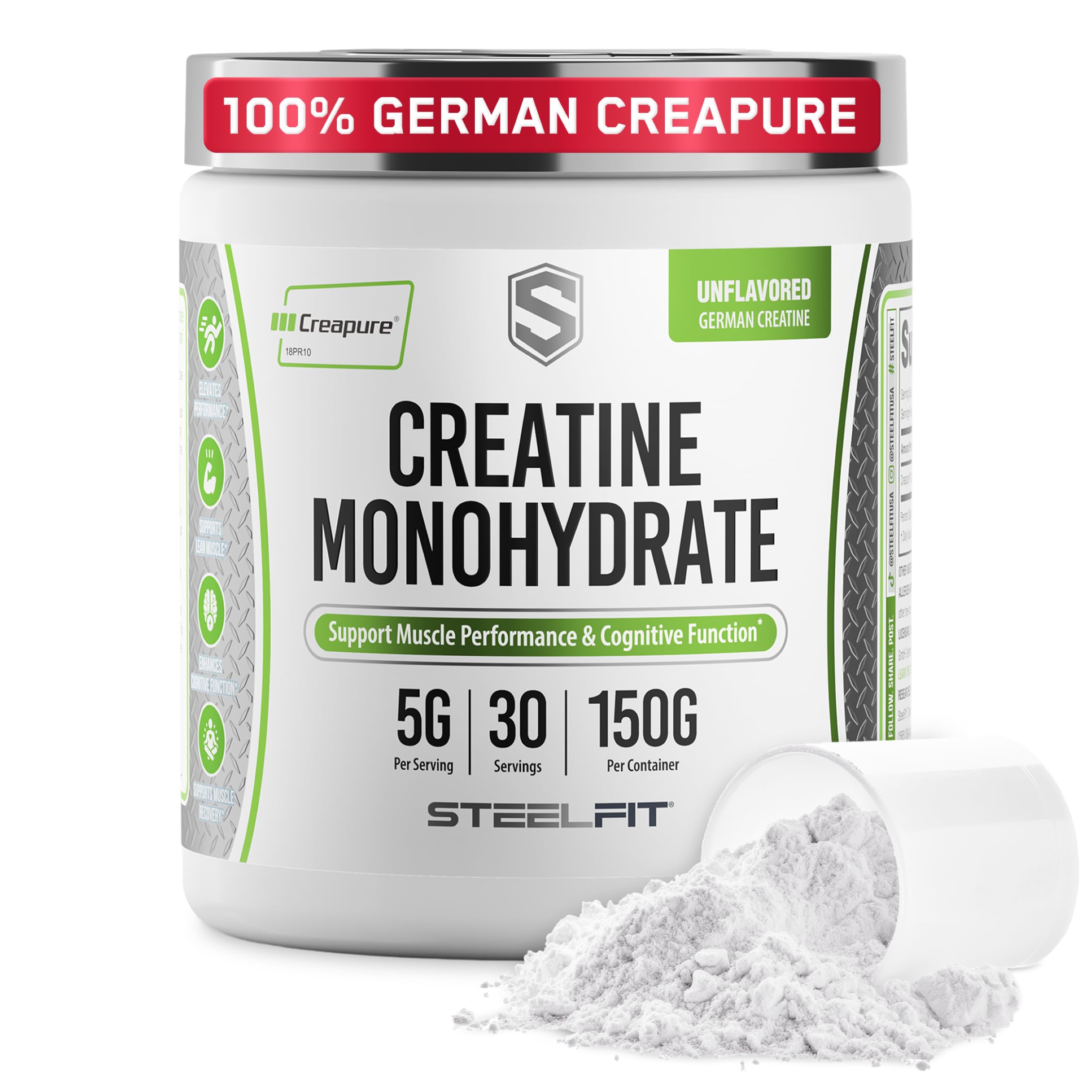 SteelFit Creapure Creatine Monohydrate Powder - German Micronized Creatine Powder for Men & Women - Gym Workout Nutritional Supplements for Muscle Gain, Brain Health & Strength Building, 30 Servings