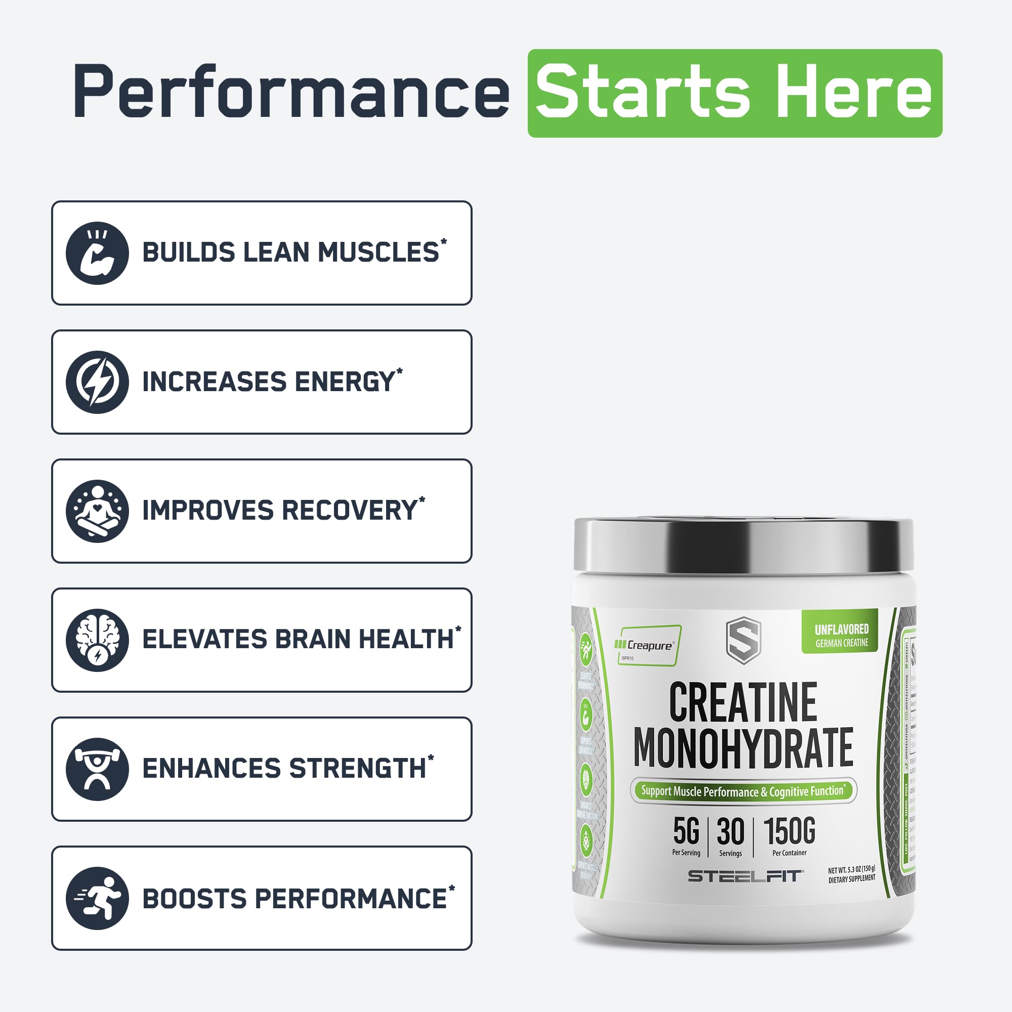 SteelFit Creapure Creatine Monohydrate Powder - German Micronized Creatine Powder for Men & Women - Gym Workout Nutritional Supplements for Muscle Gain, Brain Health & Strength Building, 30 Servings