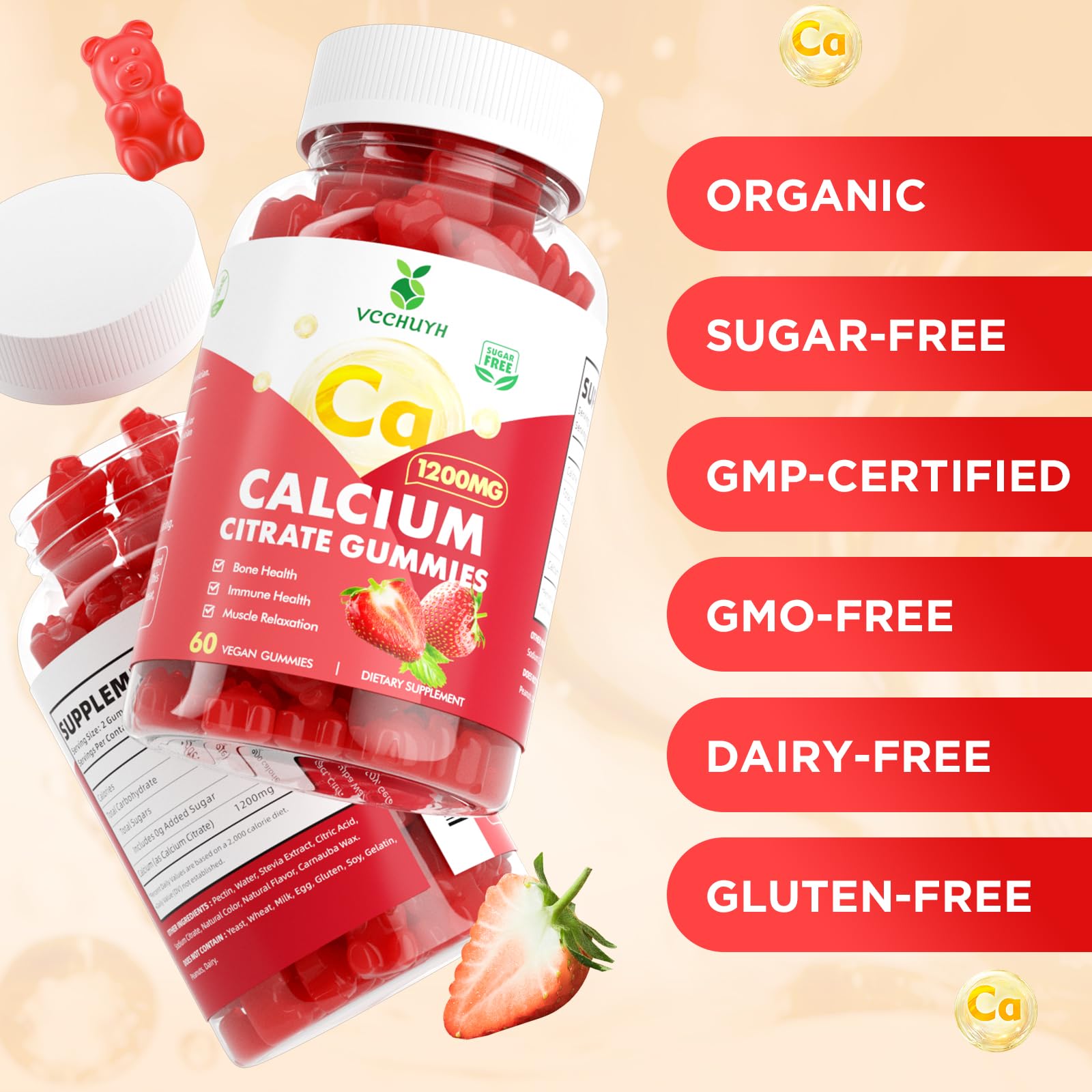 VCCHUYH Calcium Citrate Gummies 1200mg, Chewable Calcium Supplements for Women & Men, Sugar Free Calcium Gummies for Bone, Muscle & Immune Support, Strawberry Flavor 120 Count