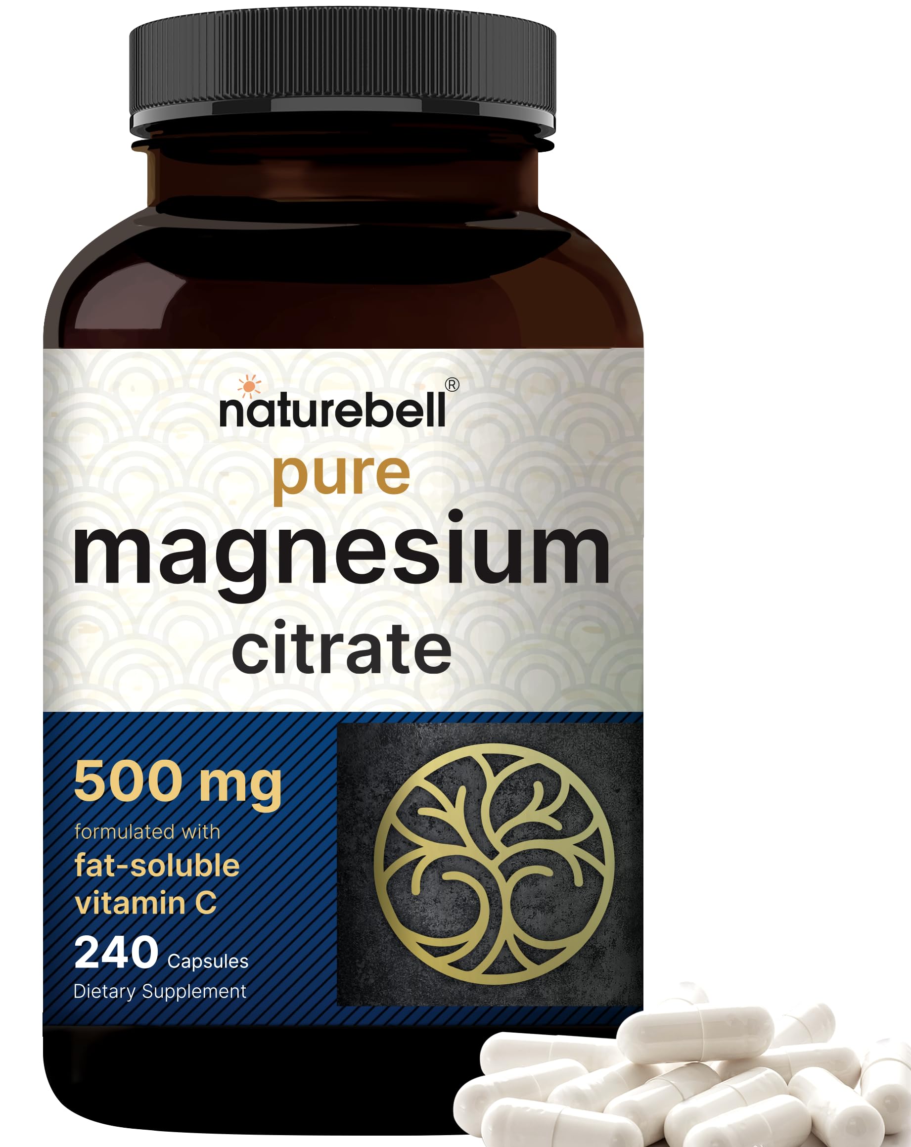 NatureBell Pure Magnesium Citrate 500mg per 3 Capsules Serving Size, 240 Capsules per Bottle | High-Purity Elemental Form | Non-GMO, Gluten-Free