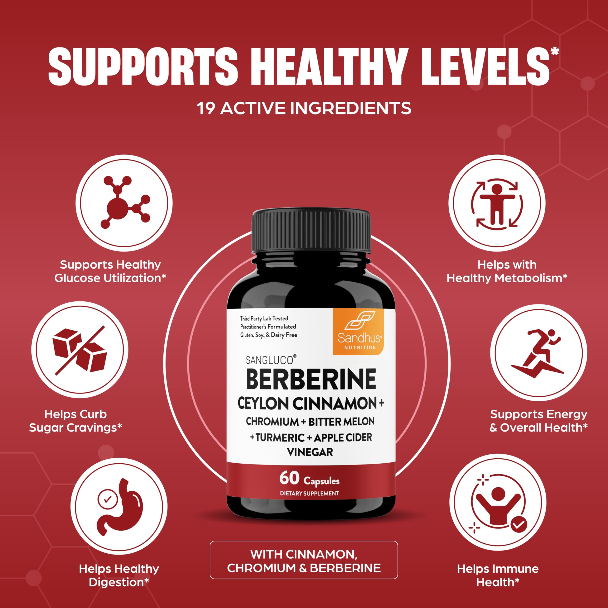 Blood Sugar Support Complex Supplement | Supports Healthy Blood Sugar Levels Already Within Normal Range | With Berberine, Cinnamon, Chromium, Turmeric, Apple Cider Vinegar, Bitter Melon | 60 Capsules