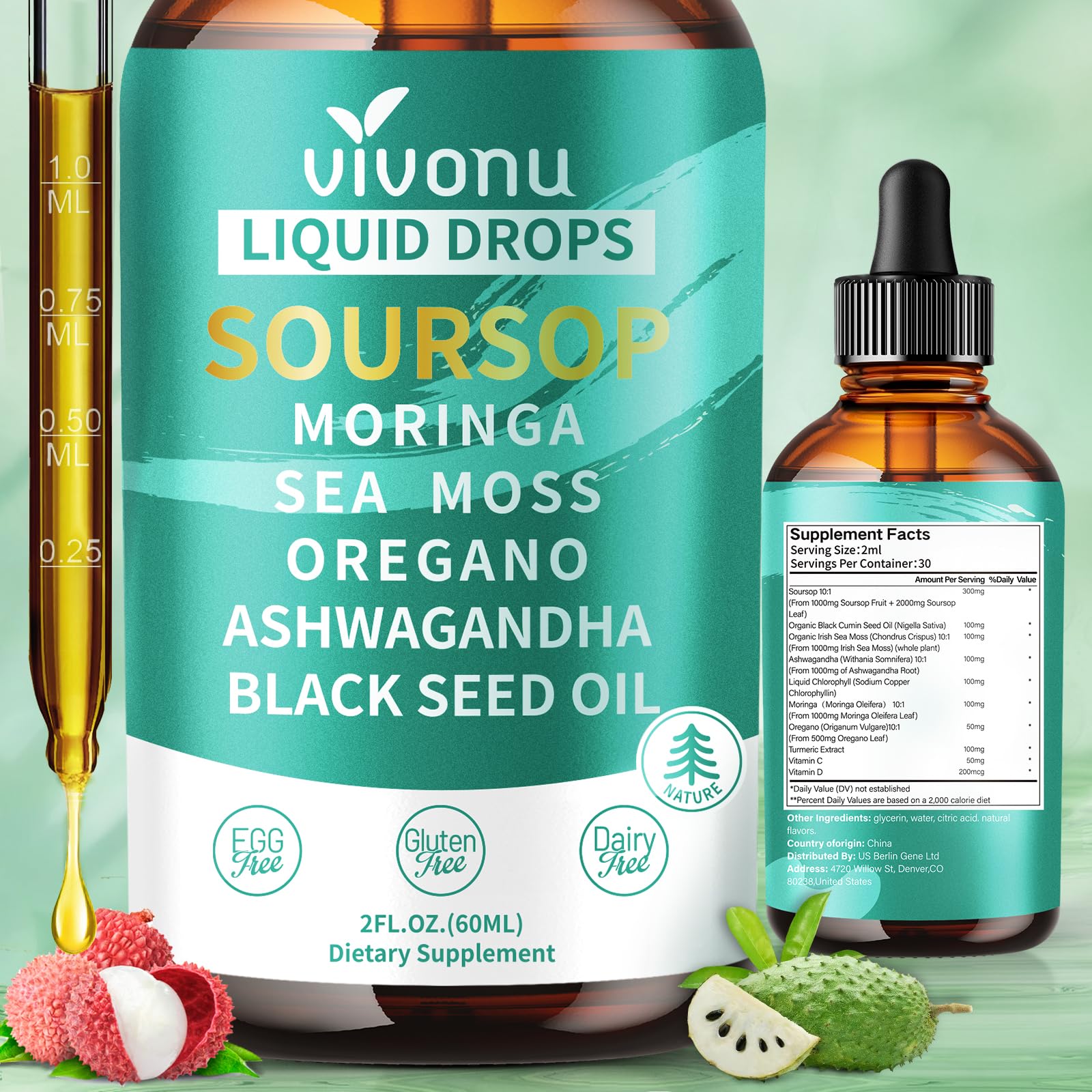 10-in-1 Soursop Bitters Liquid Drops 3000mg, Soursop Drops with Ashwagandha, Black Seed Oil, Moringa, See Moss for Natural Antioxidant, Cell Support & Regeneration, Immune Boost, Rich In Vitamin D& C