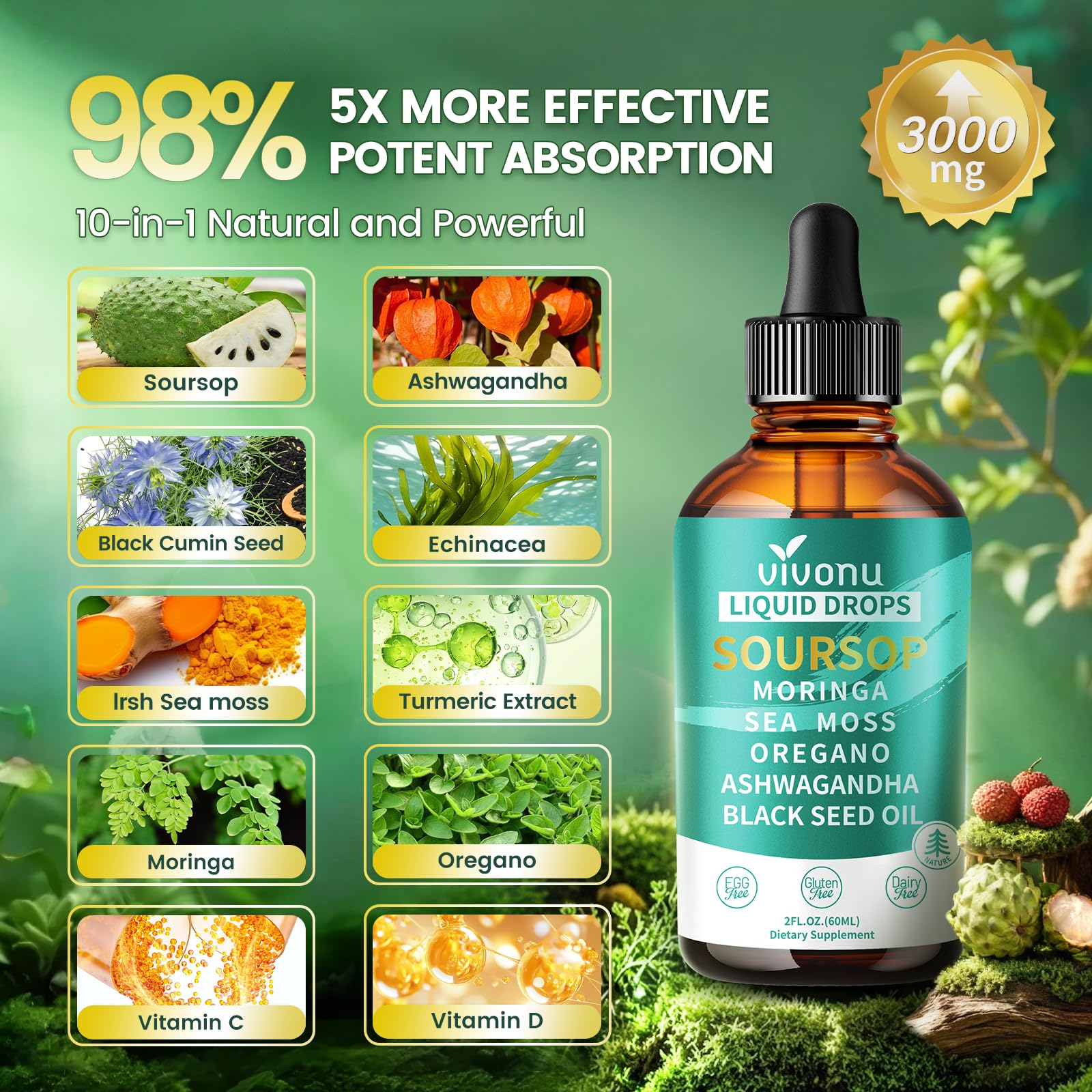 10-in-1 Soursop Bitters Liquid Drops 3000mg, Soursop Drops with Ashwagandha, Black Seed Oil, Moringa, See Moss for Natural Antioxidant, Cell Support & Regeneration, Immune Boost, Rich In Vitamin D& C