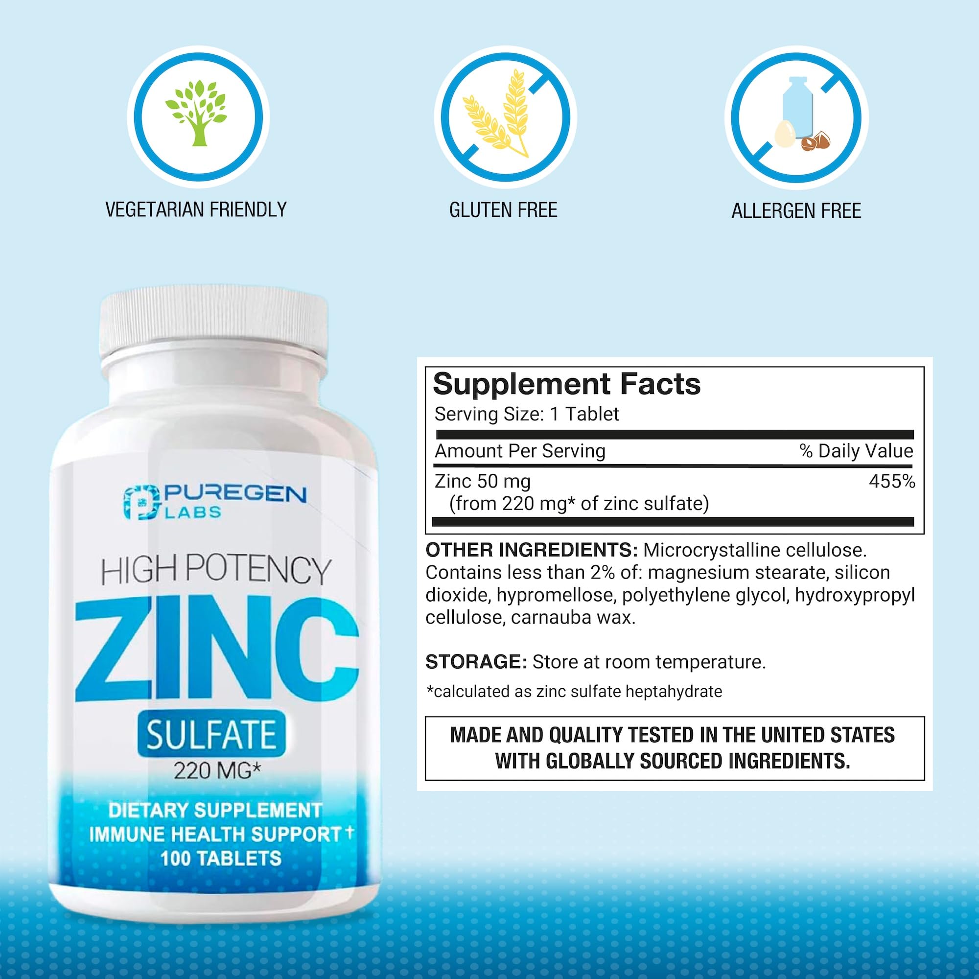Puregen Labs Zinc Sulfate 220 mg Dietary Supplement Tablets - 100 Count (Pack of 2)