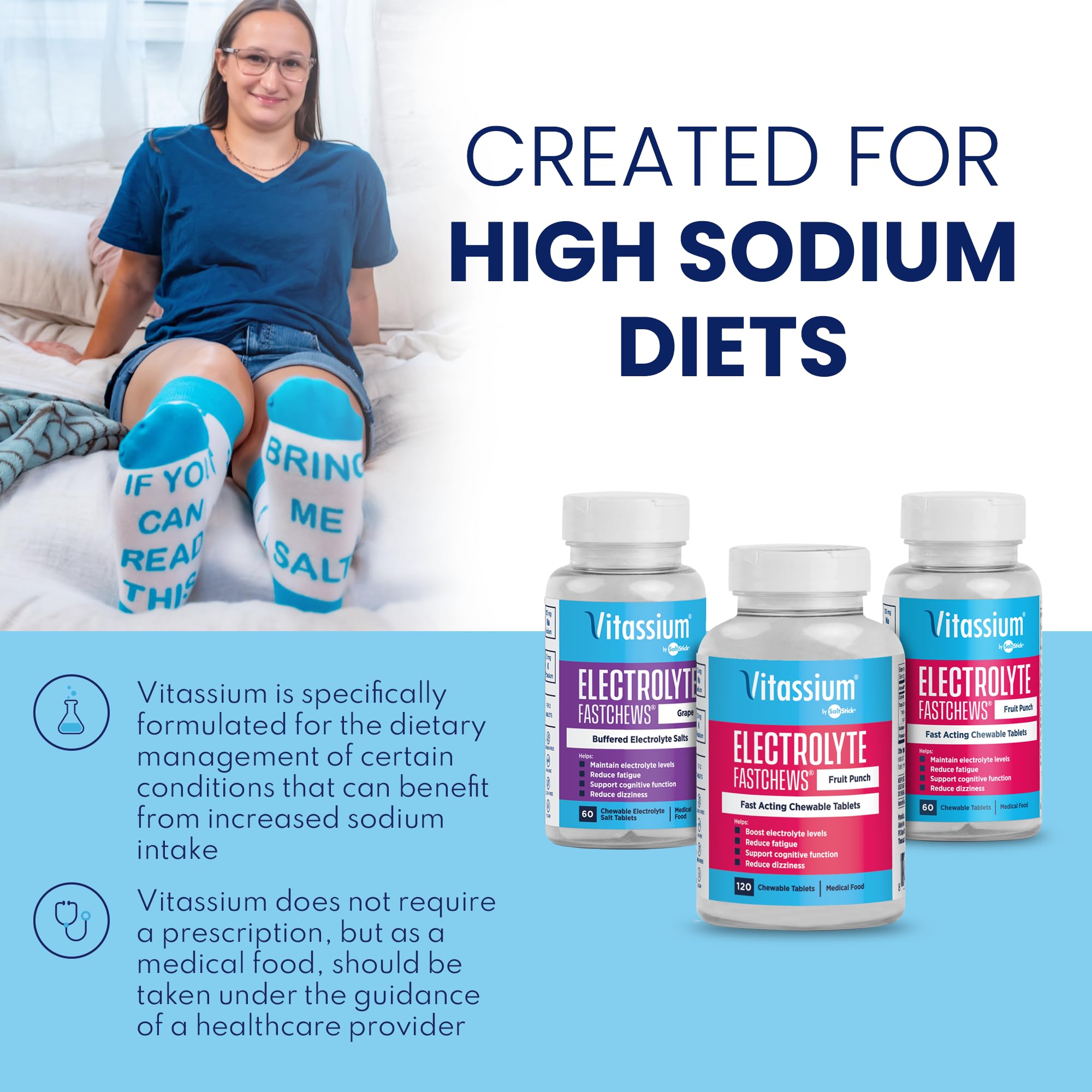 Vitassium FastChews, Chewable Electrolyte Tablets for Management of POTS and High Sodium Diets, Fast-Acting Sodium Tablets, Fruit Punch, 120 Count