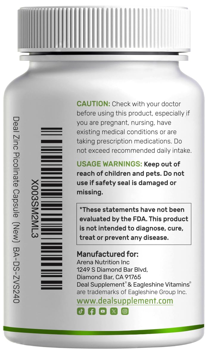Deal Supplement Zinc 50mg with Selenium + Copper, 240 Capsules, 8 Month Supply, 3 in 1 Mineral Formula, Zinc Picolinate Complex Supplement, Supports Healthy Immune System for Adults and Kids