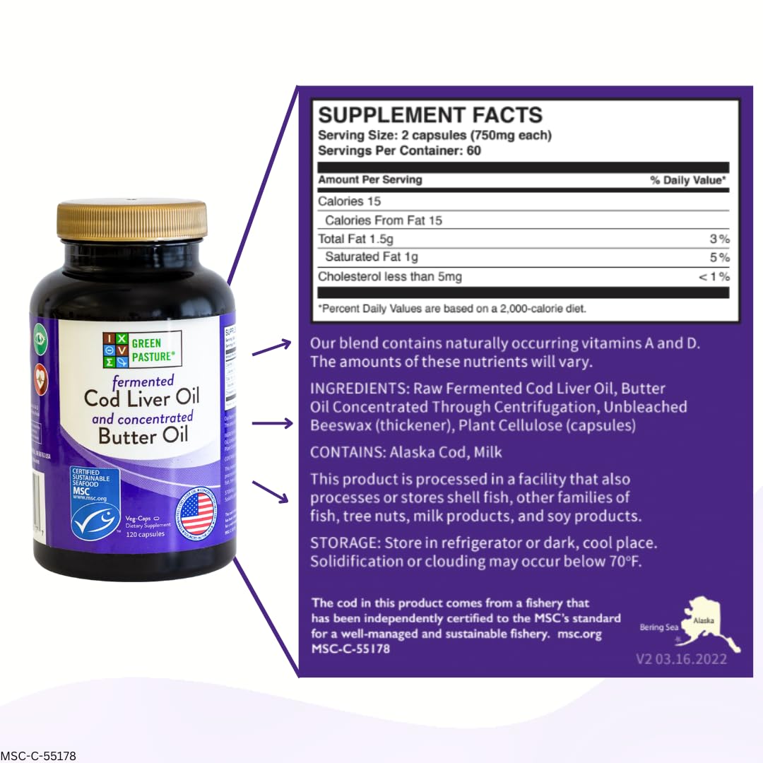 Green Pasture Fermented Cod Liver Oil & Butter Oil Blend - Wild Alaska Cod, Vitamins A & D, Omega-3-6-9, MSC Certified, 120 Capsules