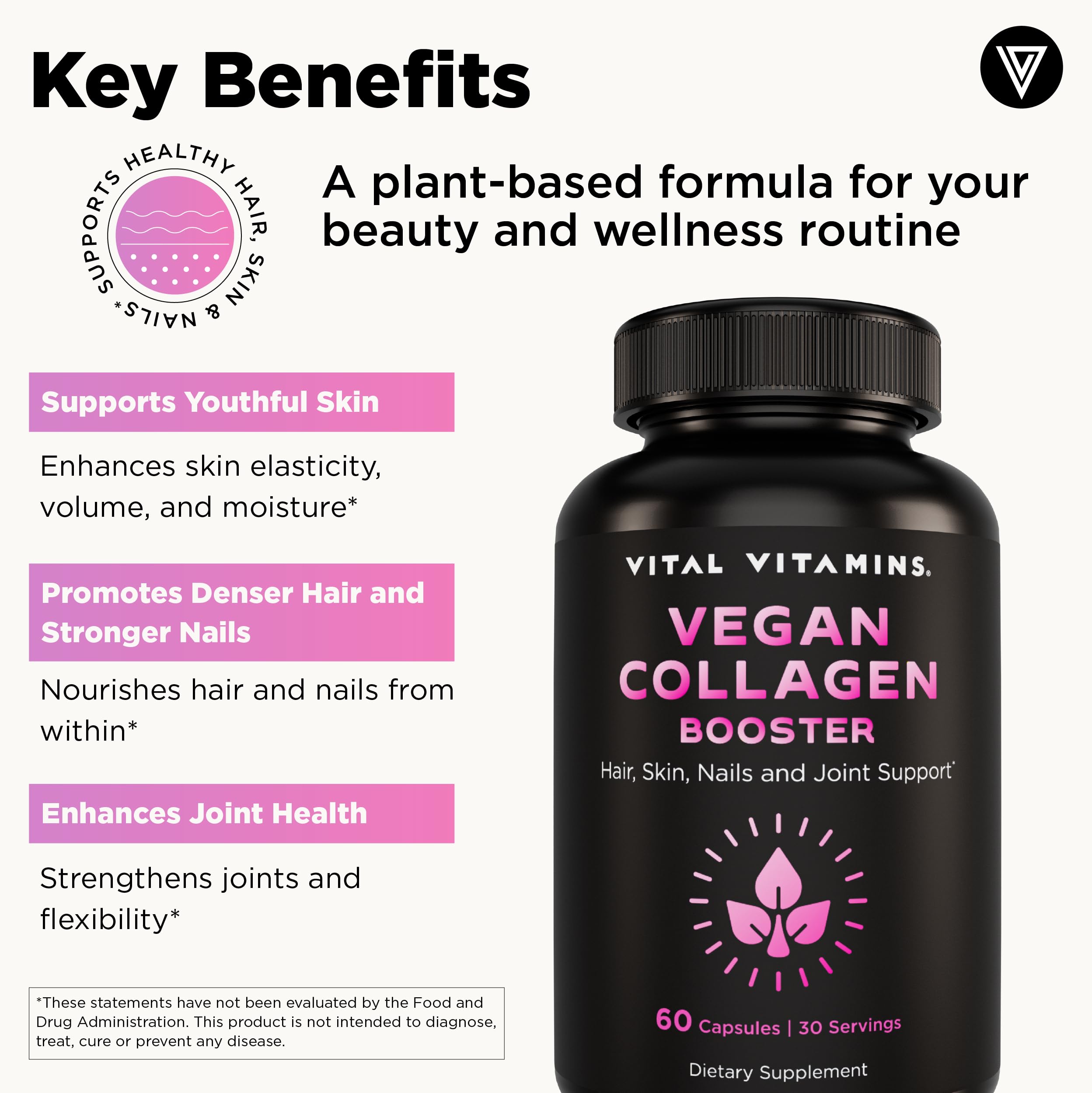 Vital Vitamins Vegan Collagen Booster - with Silica and Hyaluronic Acid - Plant-Based Collagen Supplements - Supports Hair, Skin, Nails & Joints - 60 Capsules