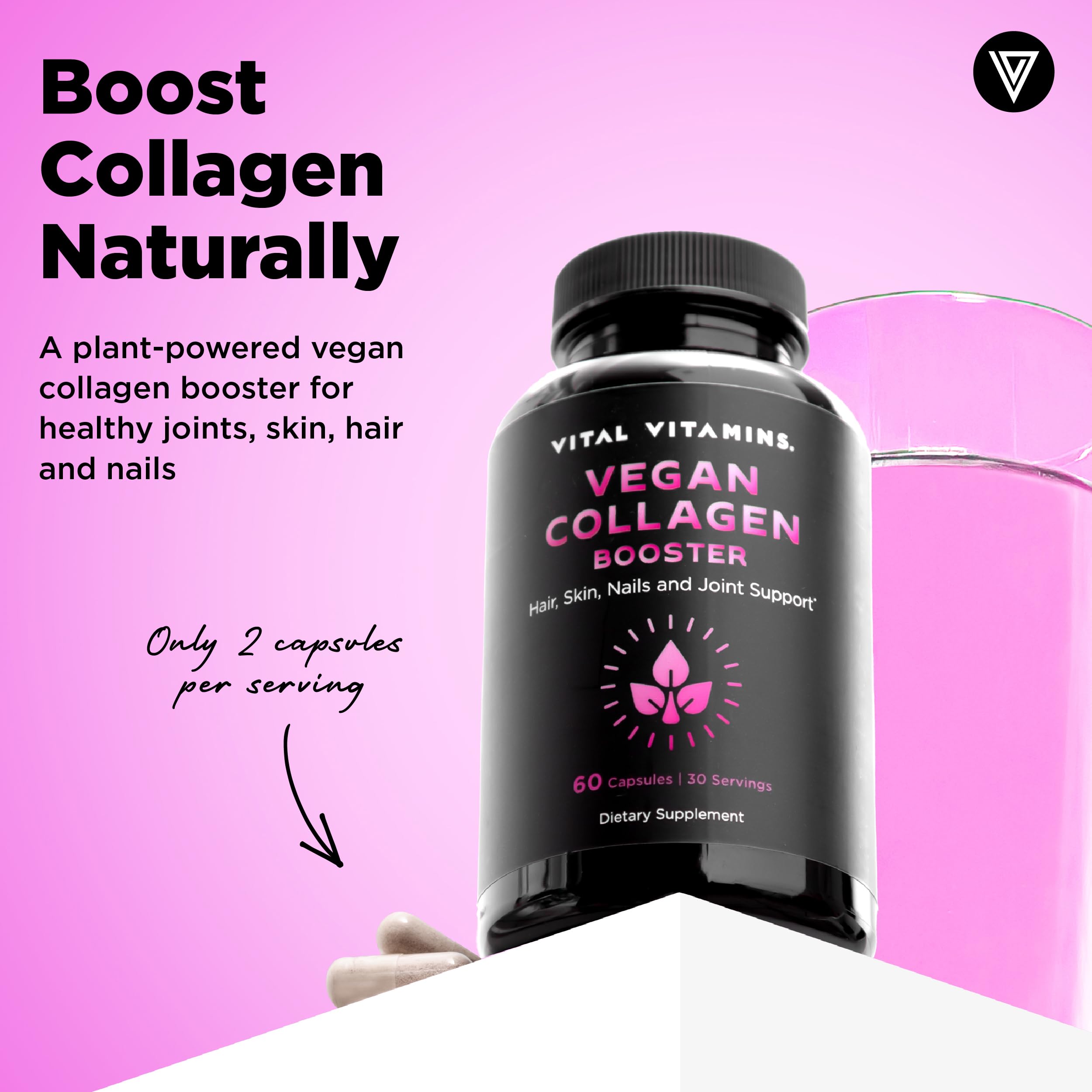 Vital Vitamins Vegan Collagen Booster - with Silica and Hyaluronic Acid - Plant-Based Collagen Supplements - Supports Hair, Skin, Nails & Joints - 60 Capsules