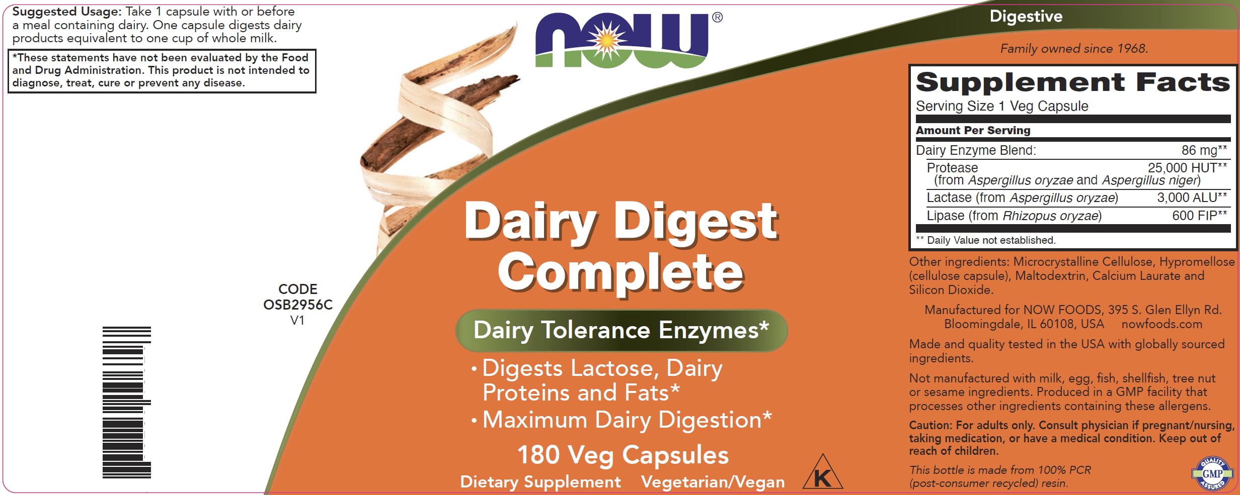 Now Dairy Digest Complete, 180 Veg Capsules, Lactose Digestion Support*, Dairy Tolerance Enzymes*