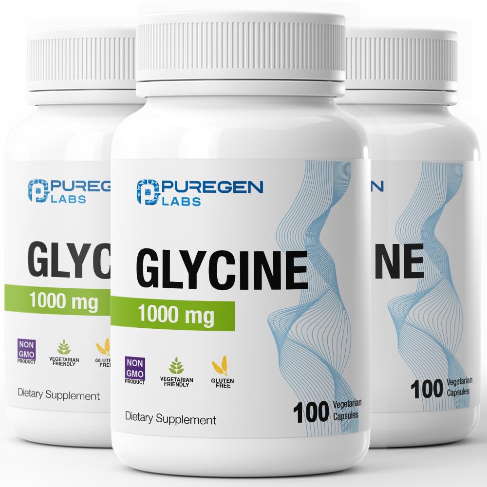 Puregen Labs Glycine 1000mg [High Potency] Total 300 Vegetarian Capsules, Promotes Healthy Rest | No Harmful Additives | Non-GMO, NO Gluten and Dairy