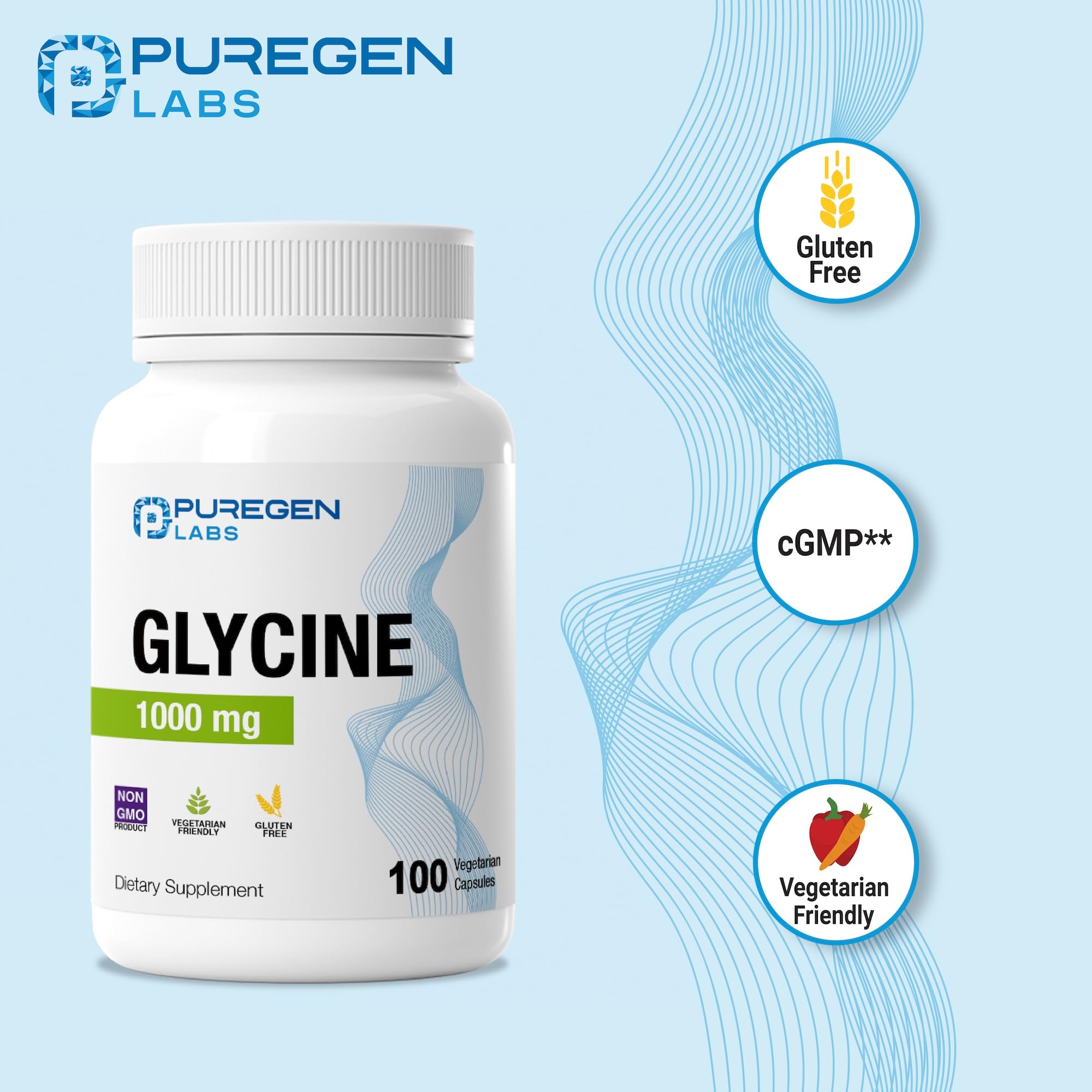 Puregen Labs Glycine 1000mg [High Potency] Total 300 Vegetarian Capsules, Promotes Healthy Rest | No Harmful Additives | Non-GMO, NO Gluten and Dairy