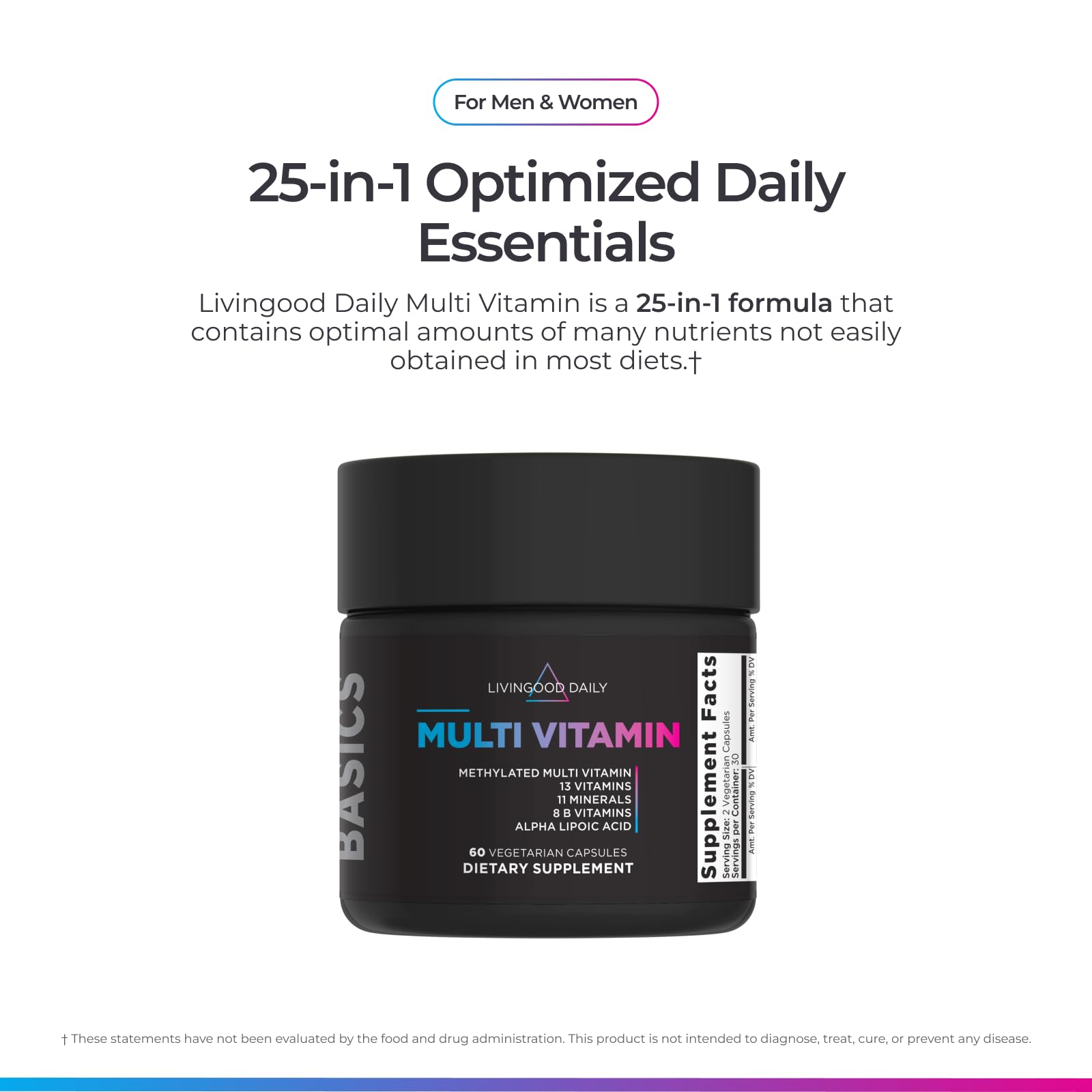 Livingood Daily Methylated Multivitamin for Women and Men, Multi Vitamin Supplement with Alpha Lipoic Acid, B Vitamins, Iron, Zinc and Selenium, Energy, Metabolism and Immune Support, 60 Capsules