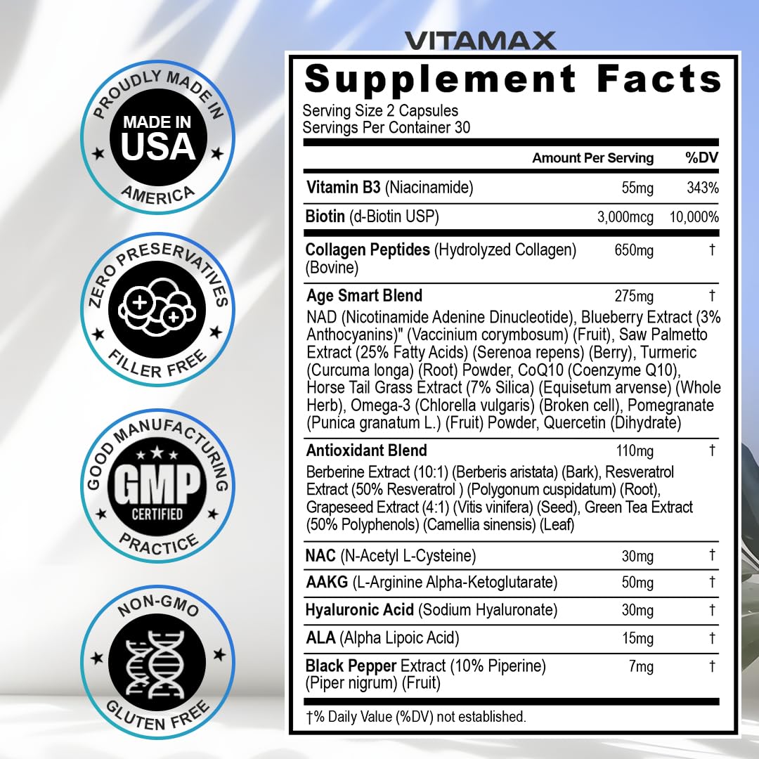 Vitamax Resveratrol NAD+ Berberine Hyaluronic Acid - Biotin Grape & Blueberry + NAC - Collagen Peptides - Hair, Nail, Skin & Joint Supplement - 21-in-1 Women and Men - Made in USA - 120 Count