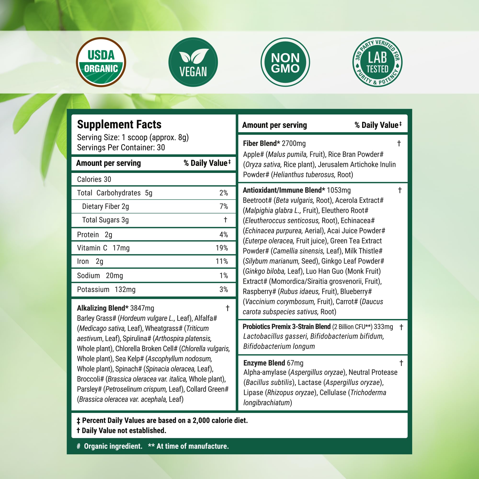 Nested Naturals Super Greens Daily Superfood Powder - Certified USDA Organic Green Powder w/20+ Whole Foods, Spirulina Powder,Wheat & Barley Grass - Probiotics, Fiber & Enzymes - Original Flavour, 30